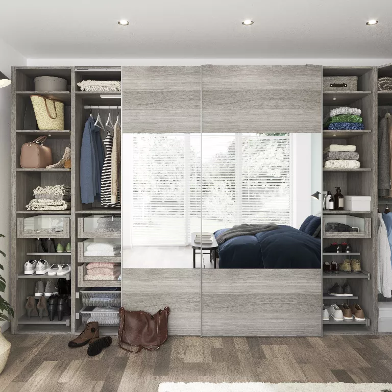 Atomia Contemporary Panelled Mirrored Matt Grey Oak Effect 8 Door Sliding Wardrobe Door Kit (H)560mm (W)3000mm - Image 2
