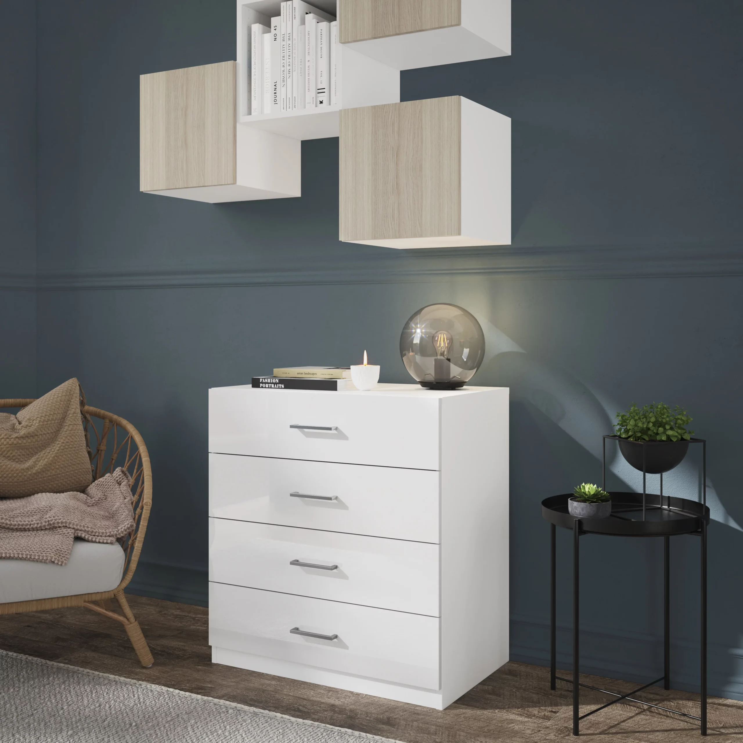 Atomia Matt & High Gloss White Chipboard 4 Drawer Single Deep Chest Of Drawers (H)804mm (W)750mm (D)466mm - Image 4