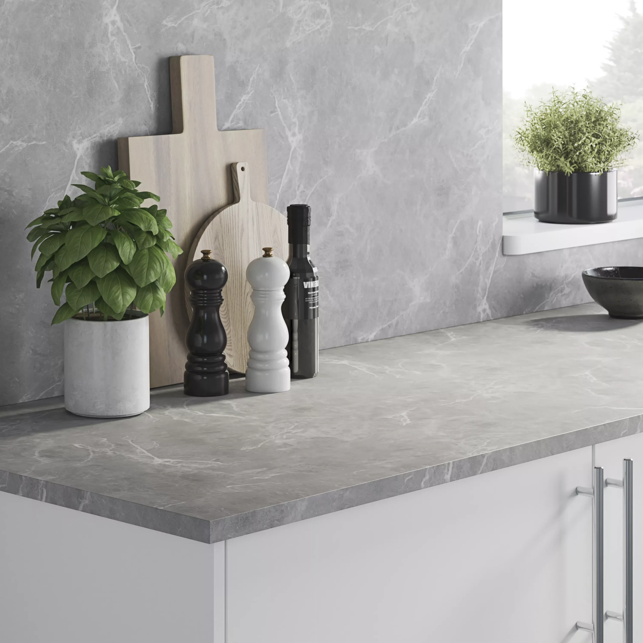 GoodHome Algiata Polished Grey Marble Effect Laminated Chipboard Back Panel, (H)600mm (W)3000mm (T)8mm - Image 3