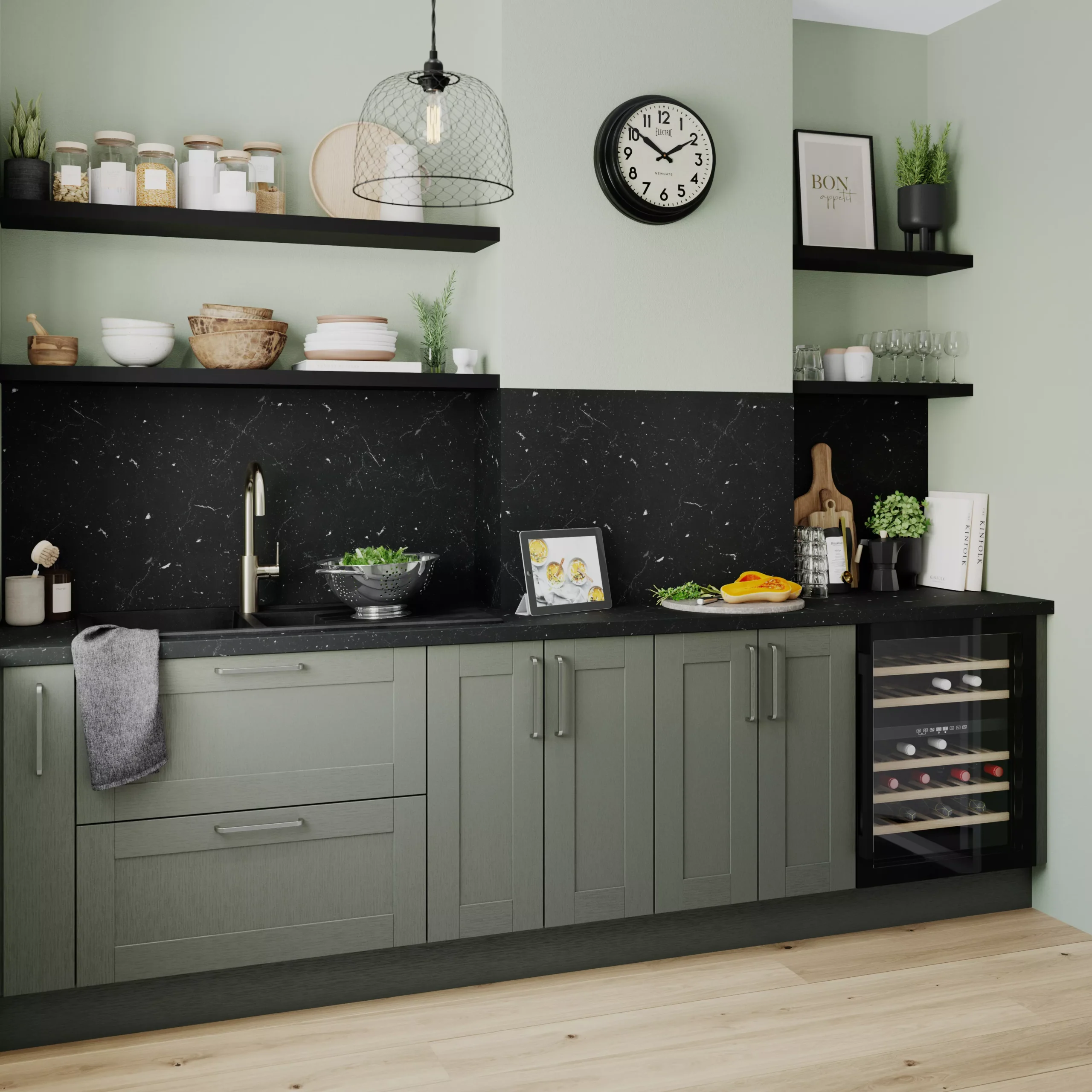 GoodHome Alpinia Matt Green Painted Wood Effect Shaker Tall Larder Cabinet Door (W)600mm (H)1467mm (T)18mm - Image 4