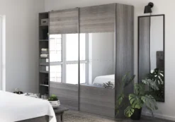 GoodHome Atomia Contemporary Mirrored Matt Grey Oak Effect Chipboard, Glass, Plastic & Steel 2 Door 3 Drawer Large Double Sliding Door Wardrobe (H)2250mm (W)1000mm (D)580mm