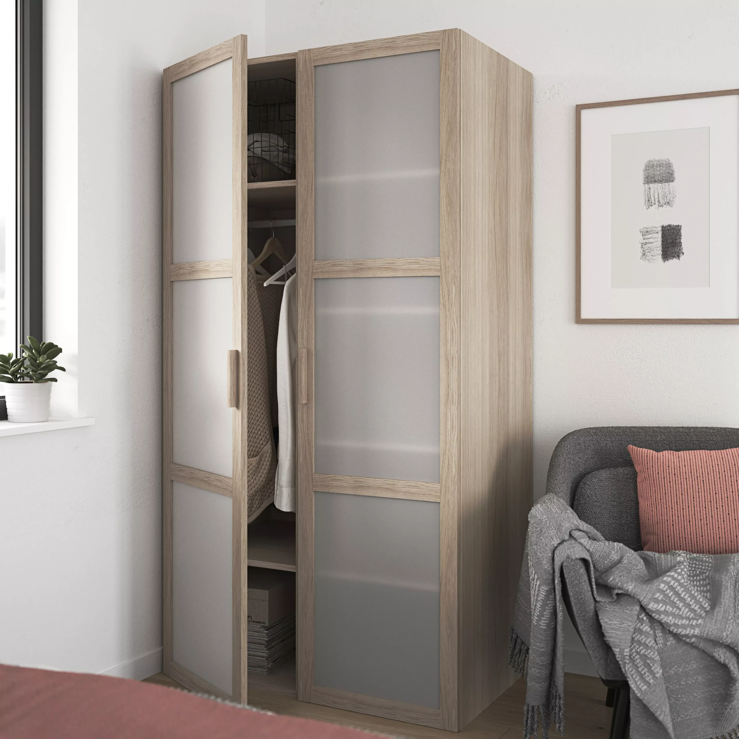 GoodHome Atomia Freestanding Opaque Mirrored Oak Effect 2 Door Medium Wardrobe (D)580mm - Image 6