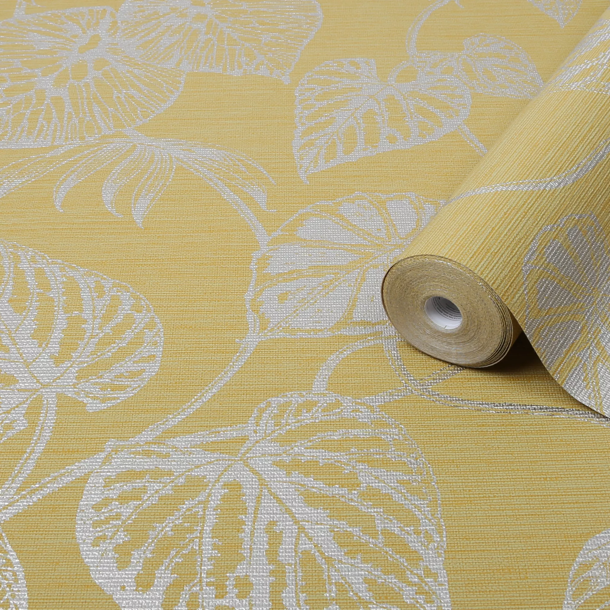 GoodHome Barnsley Ochre Leaves Metallic Effect Textured Wallpaper