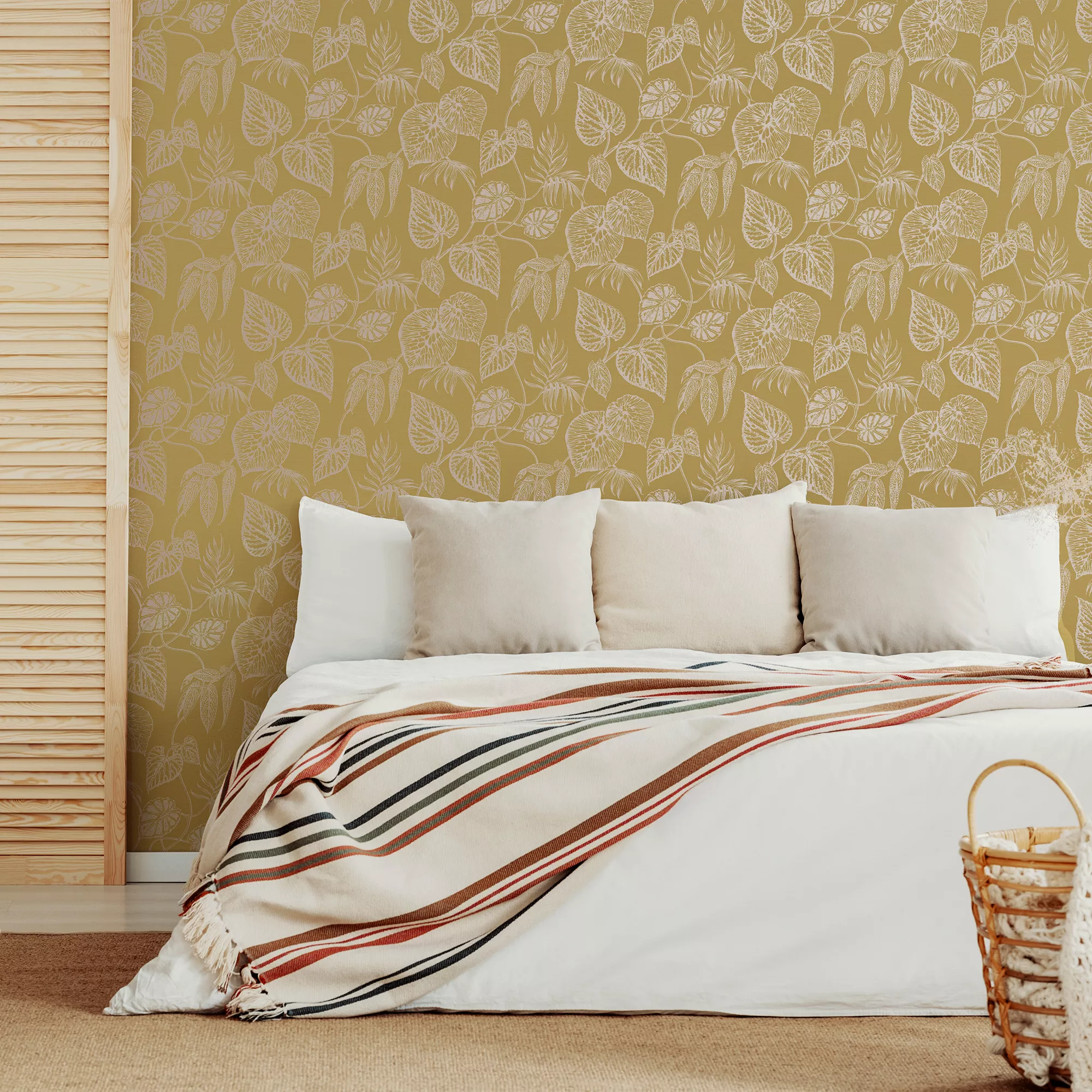 GoodHome Barnsley Ochre Leaves Metallic Effect Textured Wallpaper - Image 3