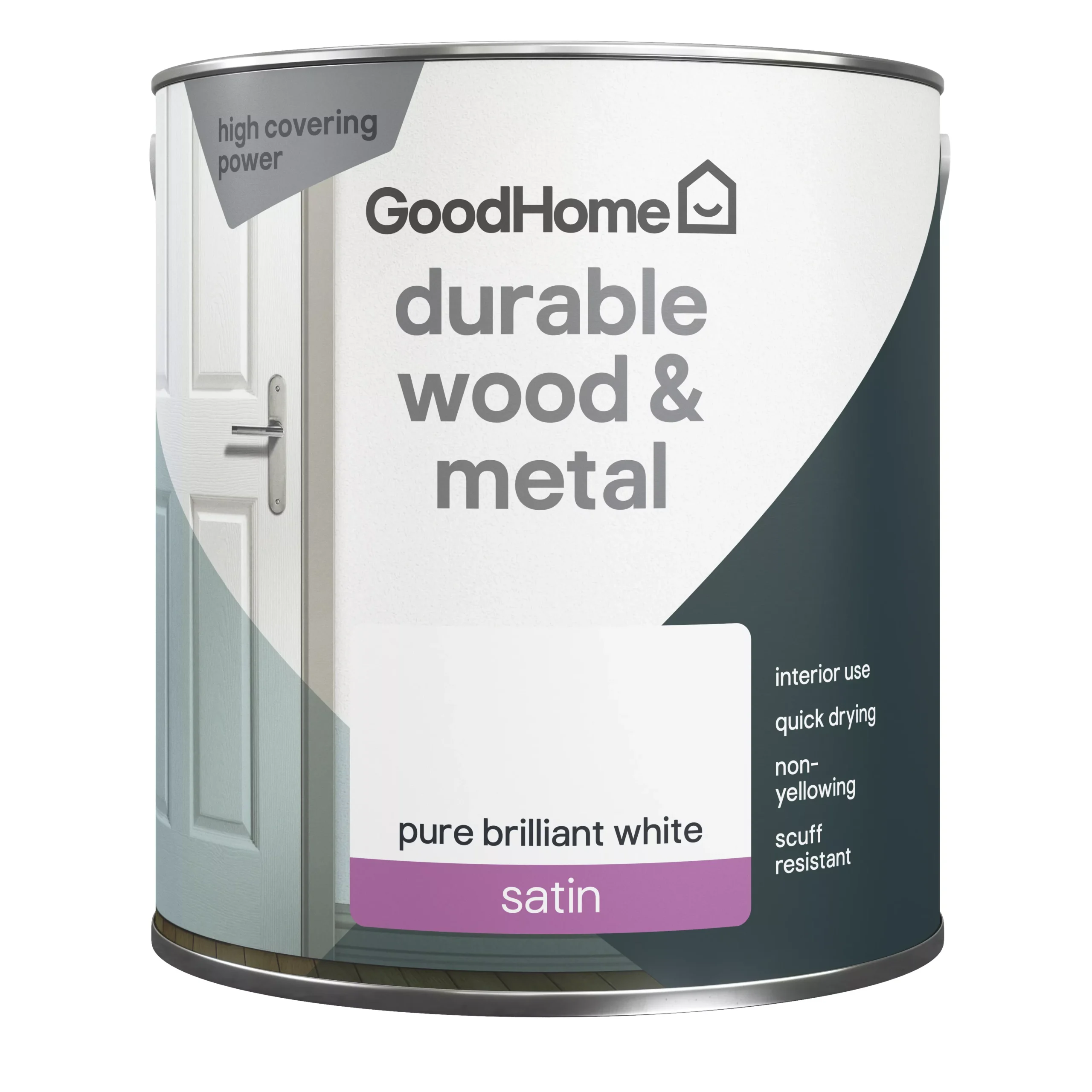 GoodHome Durable Pure Brilliant White Satinwood Metal & Wood Paint, 2.5L - Image 2