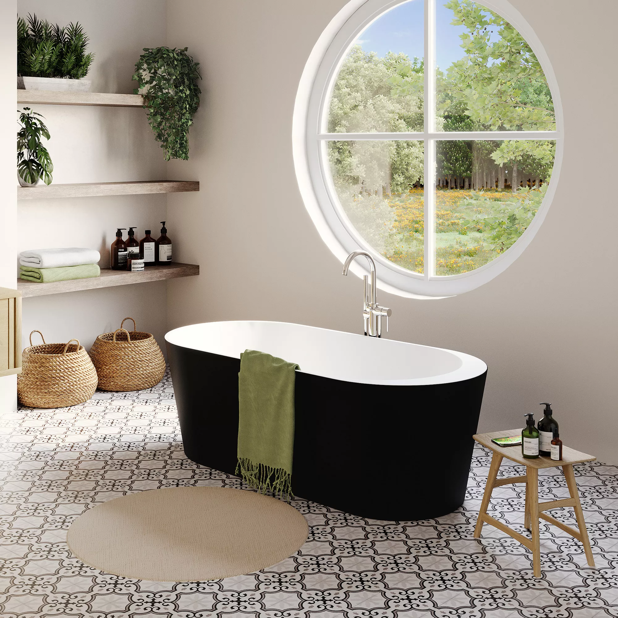 GoodHome Huron Matt Black Acrylic Oval Freestanding Bath (L)1700mm (W)750mm - Image 4