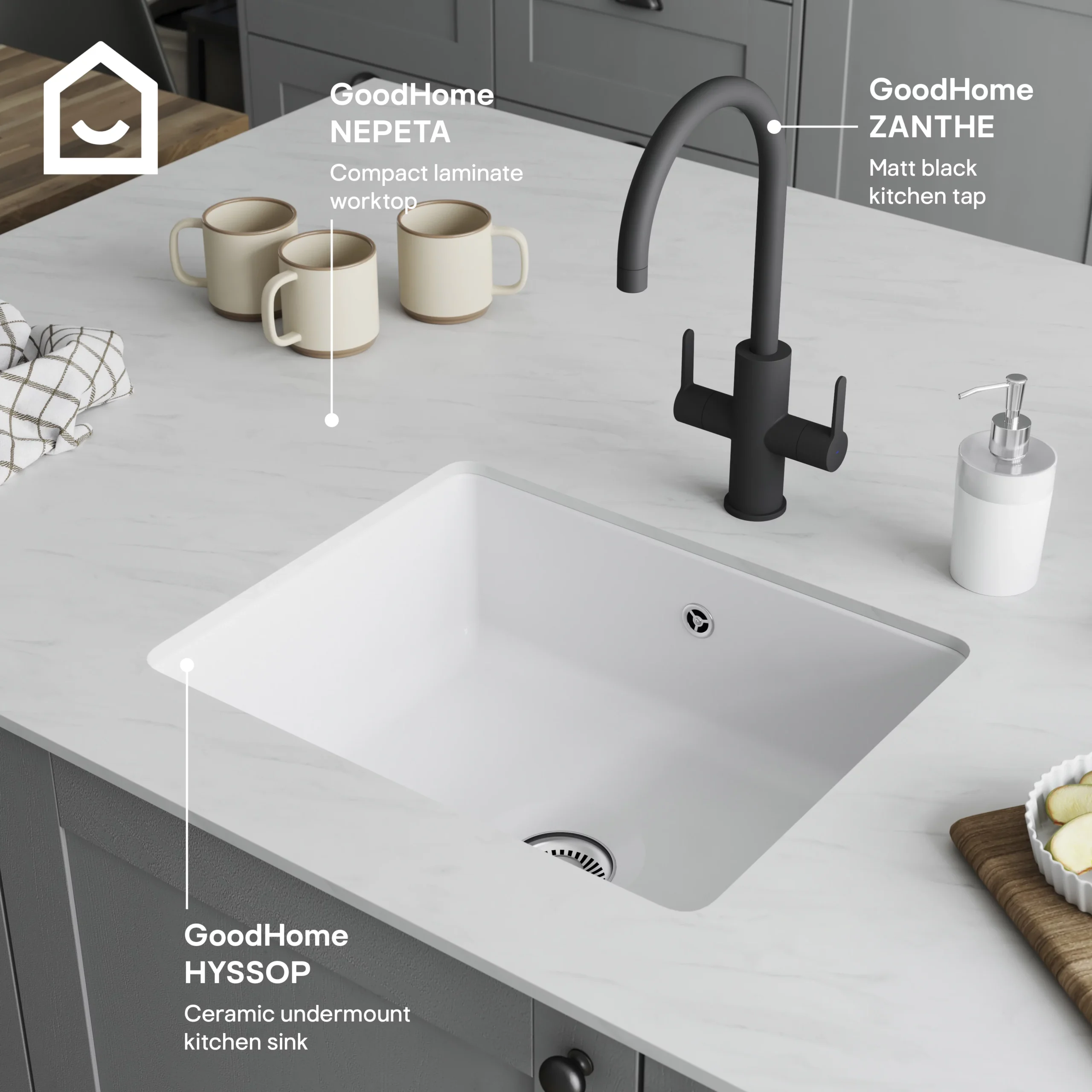 GoodHome Hyssop White Ceramic 1 Bowl Kitchen Sink (W)460mm X (L)565mm - Image 7
