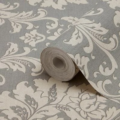GoodHome Mire Grey Damask Woven Effect Textured Wallpaper