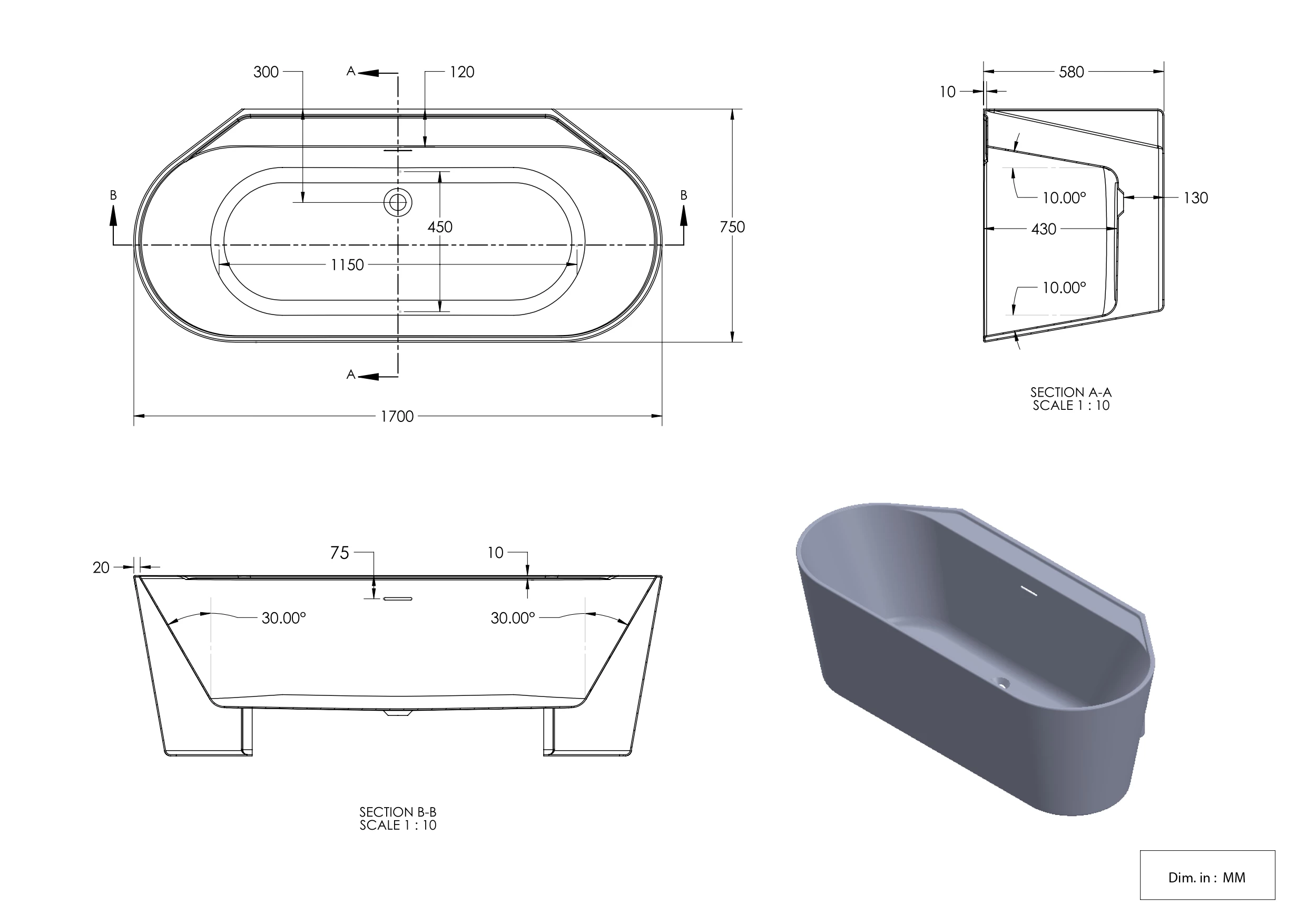 GoodHome Nakina Fibreglass-reinforced Acrylic D-shaped White Double Ended 0 Tap Hole Bath (L)1700mm (W)750mm - Image 5