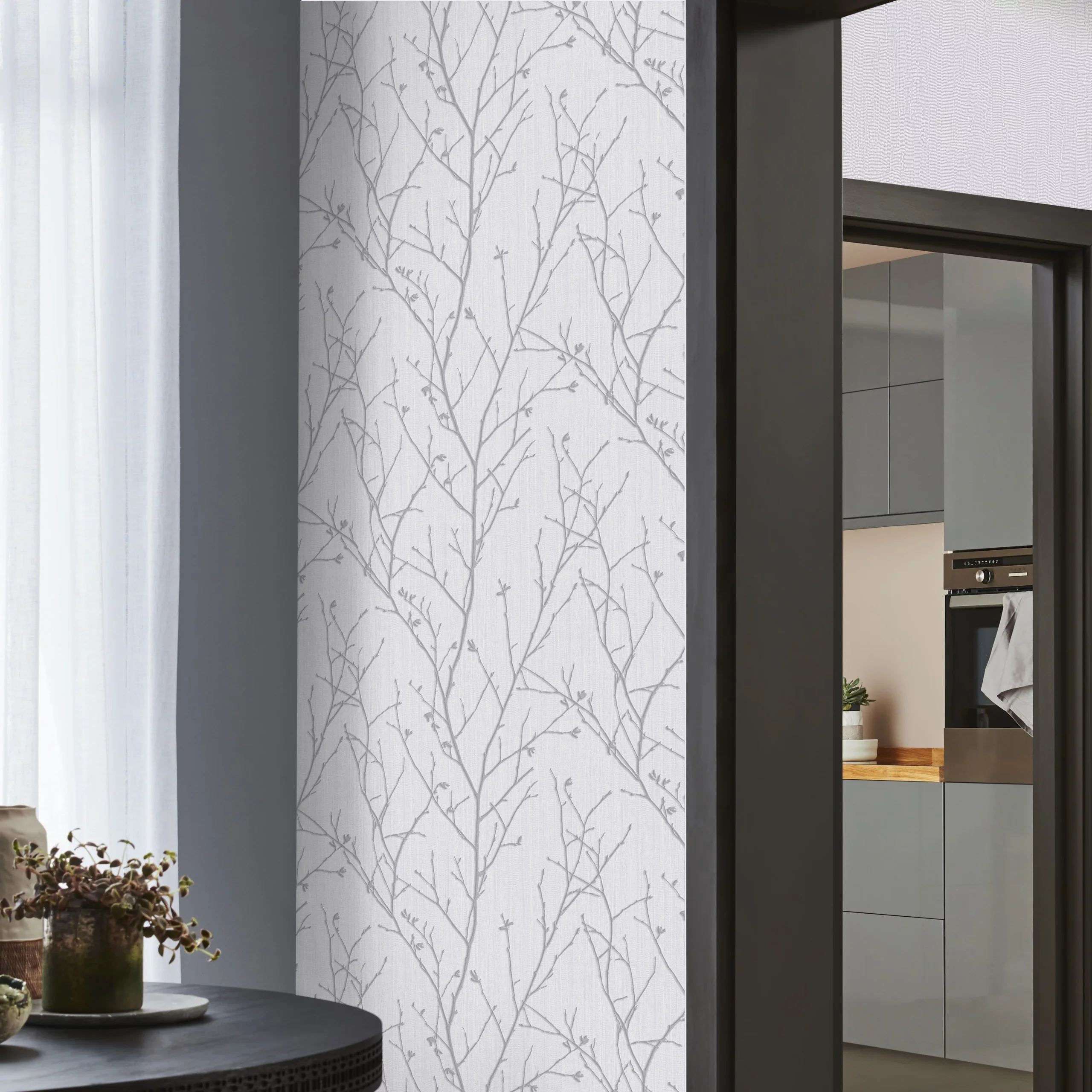 GoodHome Obetia Grey Tree Silver Effect Smooth Wallpaper - Image 4