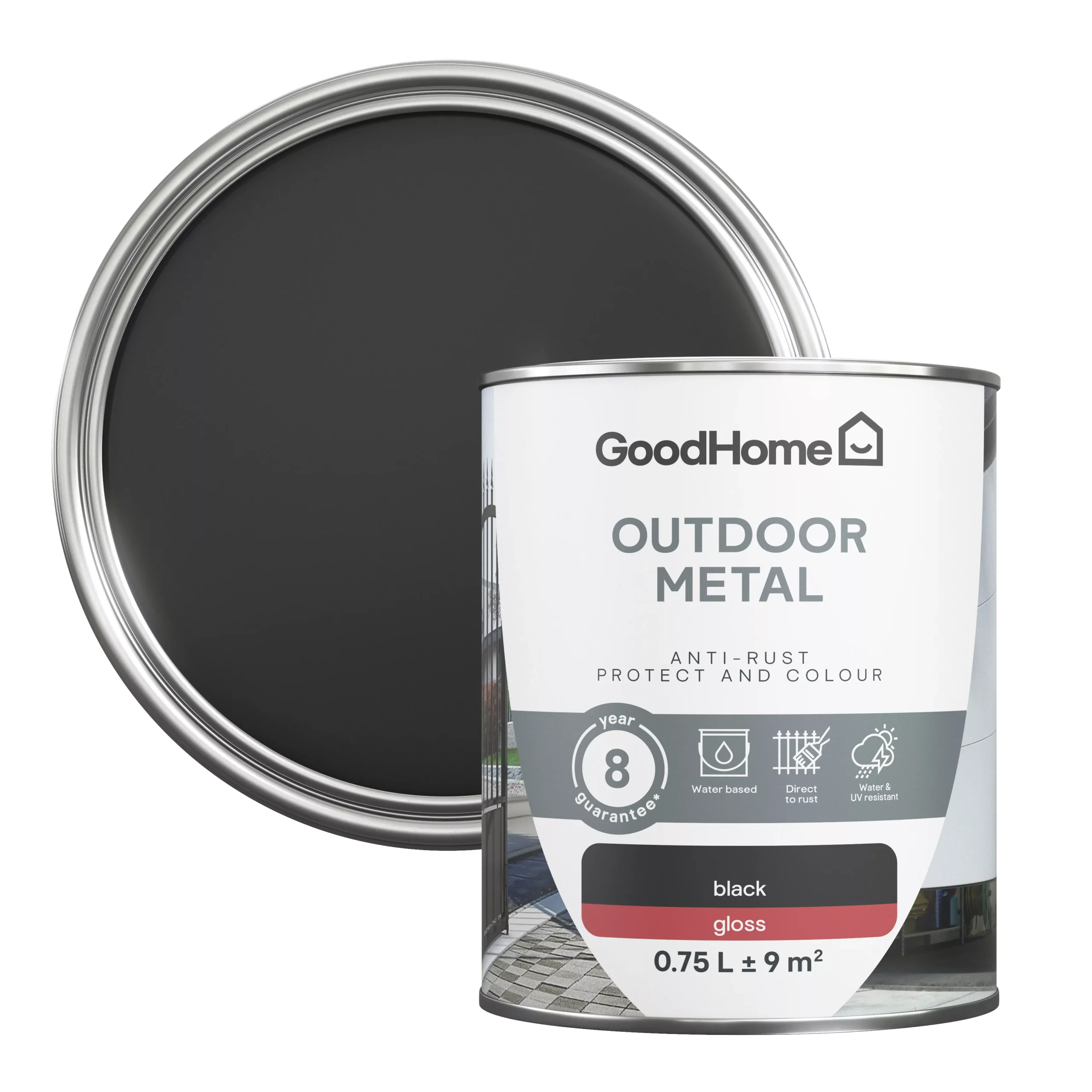 GoodHome Outdoor Black Gloss Exterior Metal Paint, 750ml Tin