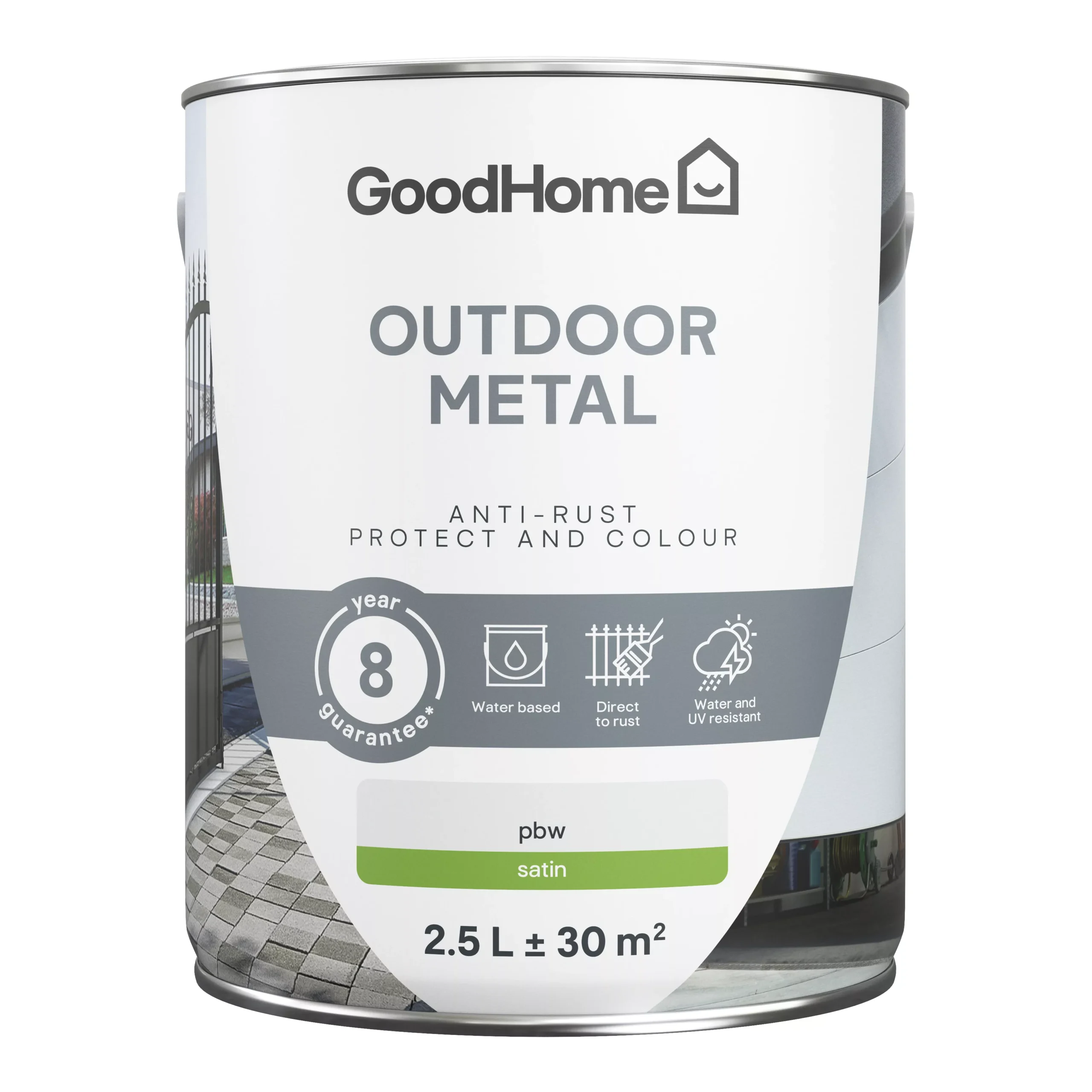 GoodHome Outdoor White Satinwood Exterior Metal Paint, 2.5L Tin - Image 2