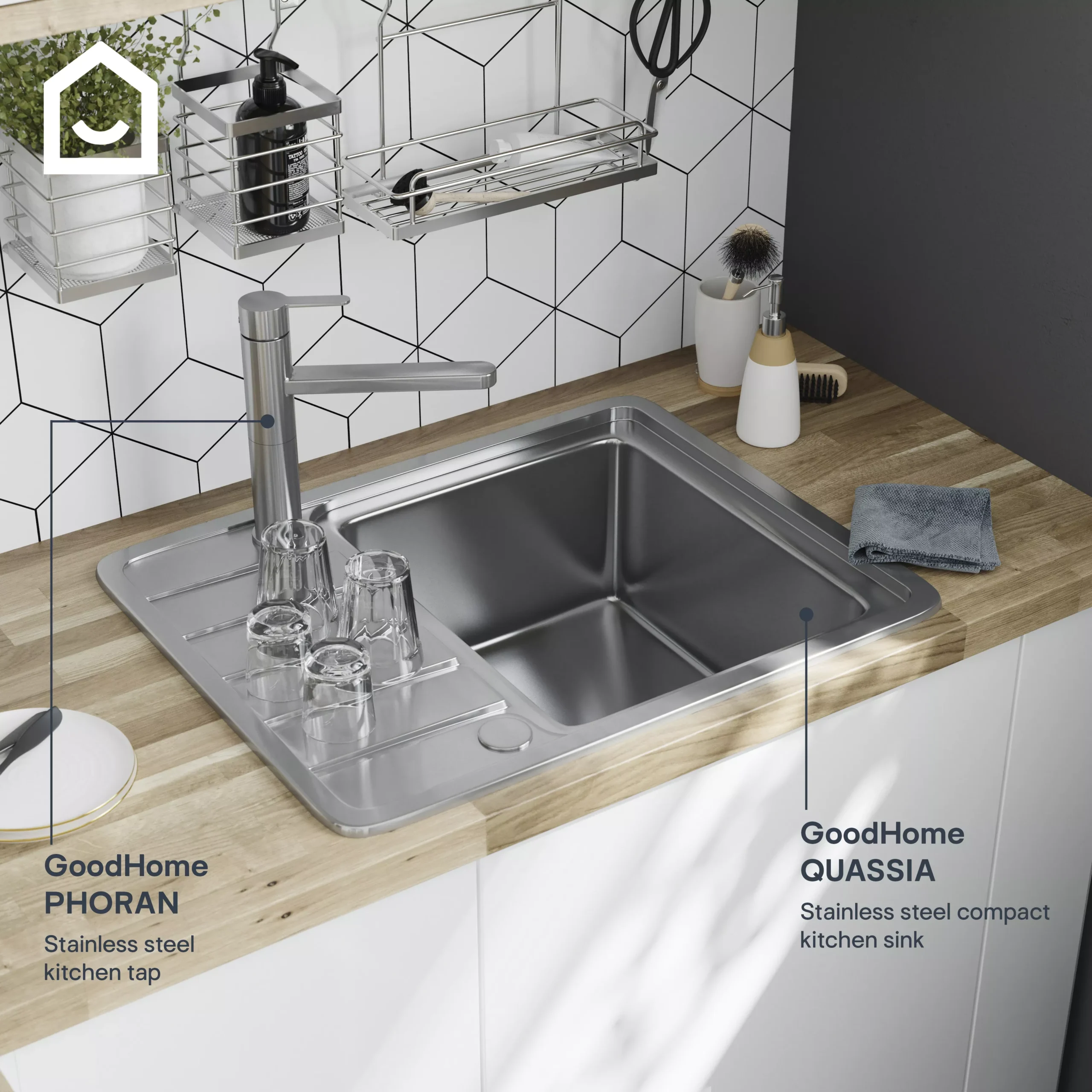 GoodHome Quassia Brushed Stainless Steel 1 Bowl Sink & Drainer With Compact Drainer (W)505mm X (L)635mm - Image 5
