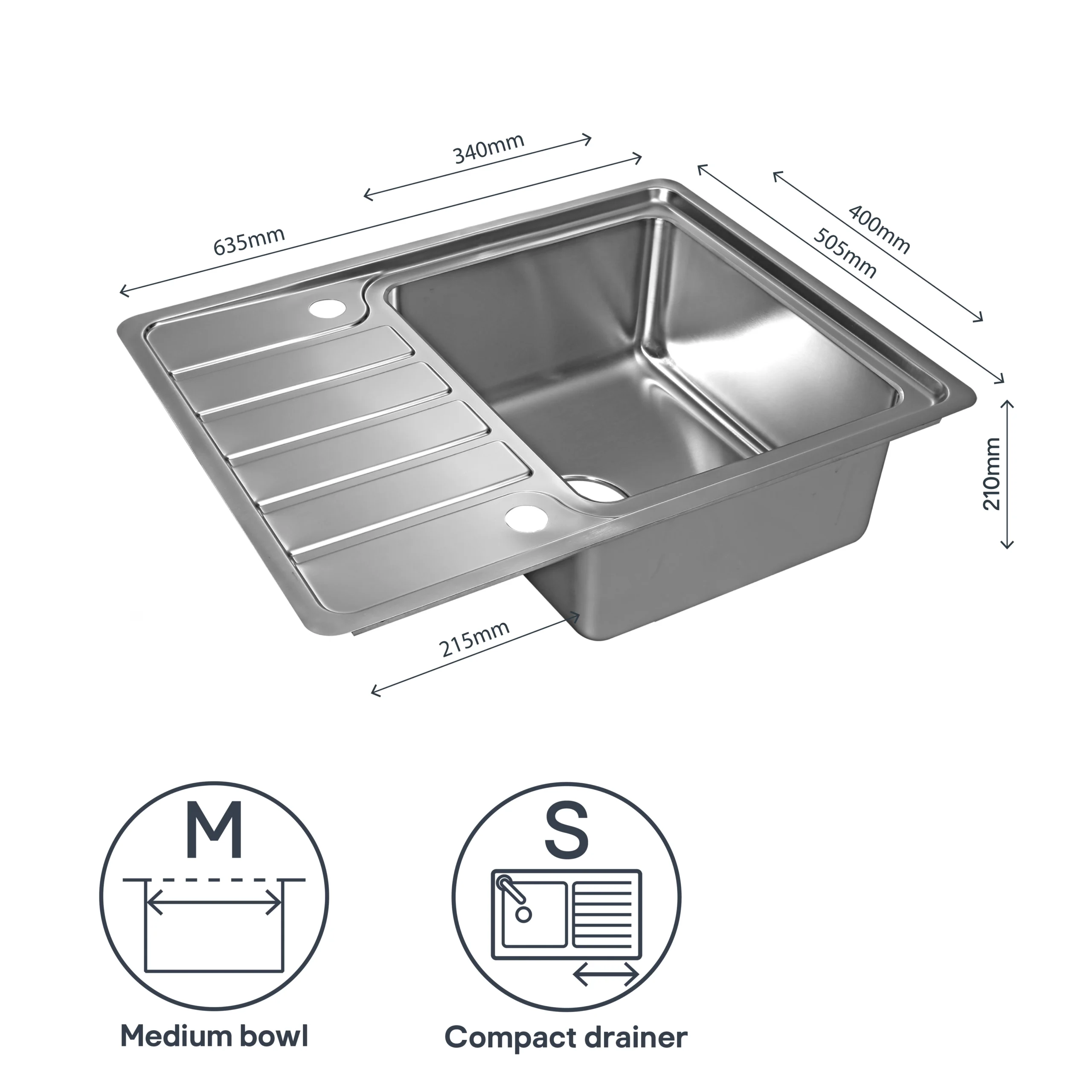 GoodHome Quassia Brushed Stainless Steel 1 Bowl Sink & Drainer With Compact Drainer (W)505mm X (L)635mm - Image 6