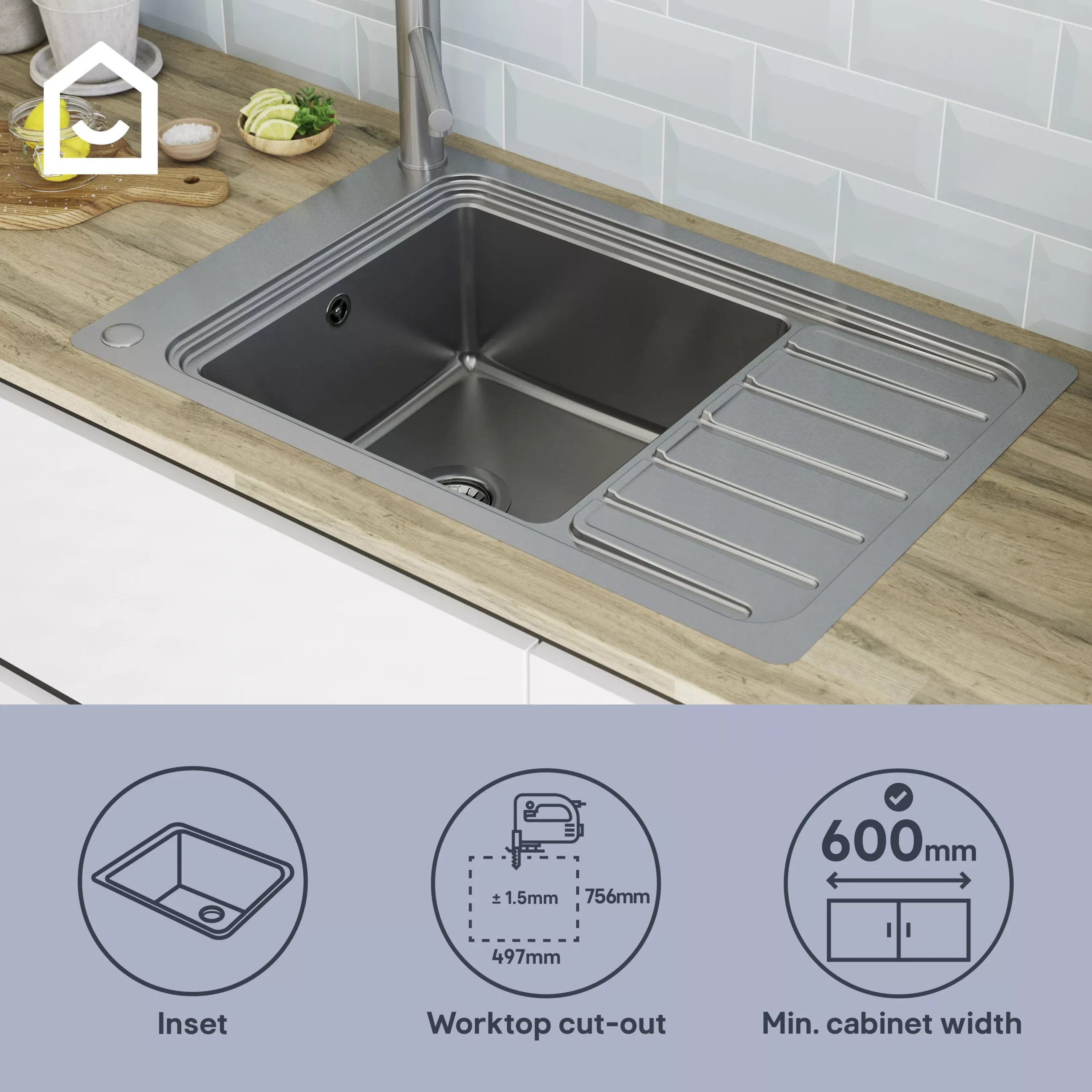 GoodHome Romesco Brushed Stainless Steel 1 Bowl Kitchen Sink With Compact Drainer (W)510mm X (L)770mm - Image 13