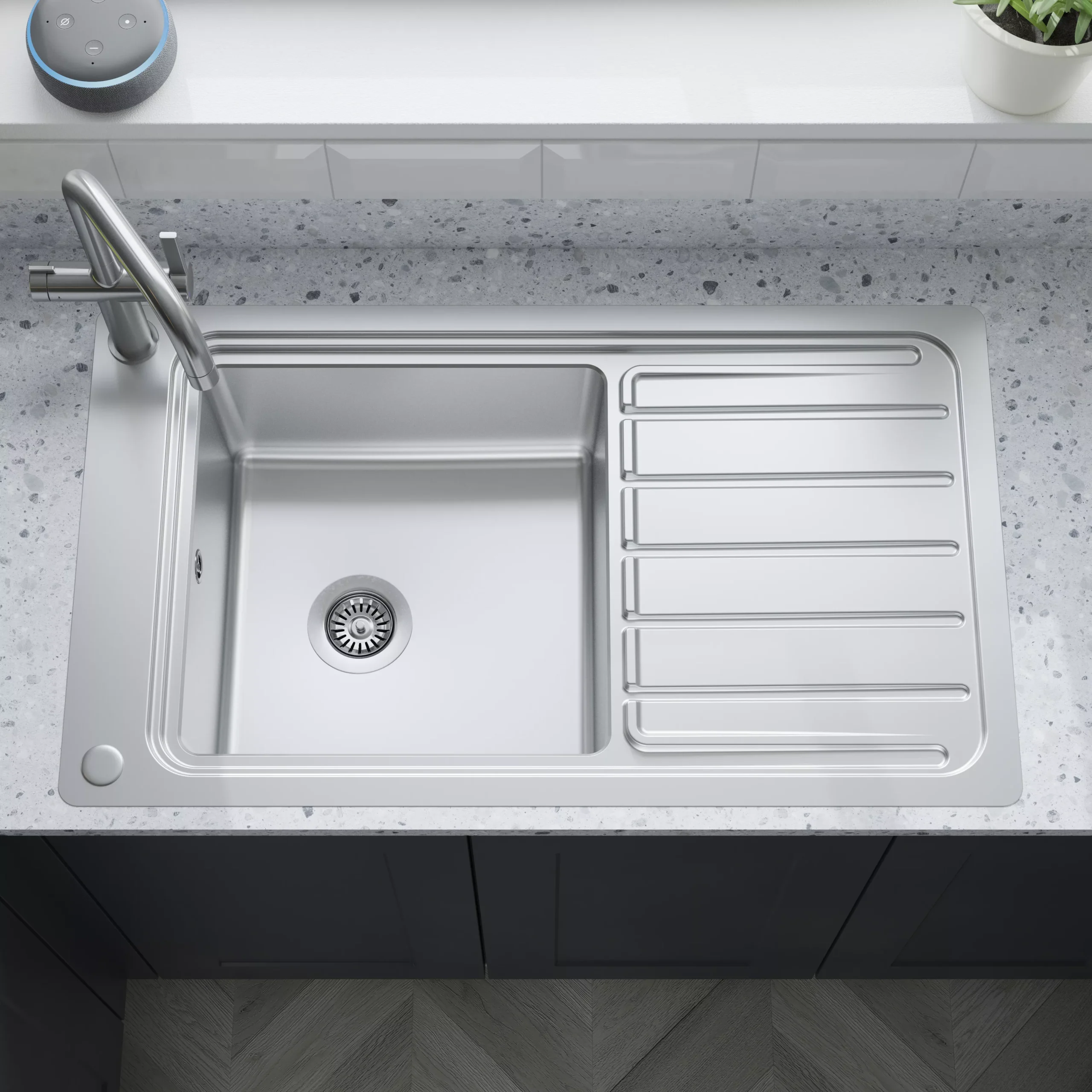 GoodHome Romesco Brushed Stainless Steel 1 Bowl Kitchen Sink With Full Drainer (W)510mm X (L)880mm - Image 6