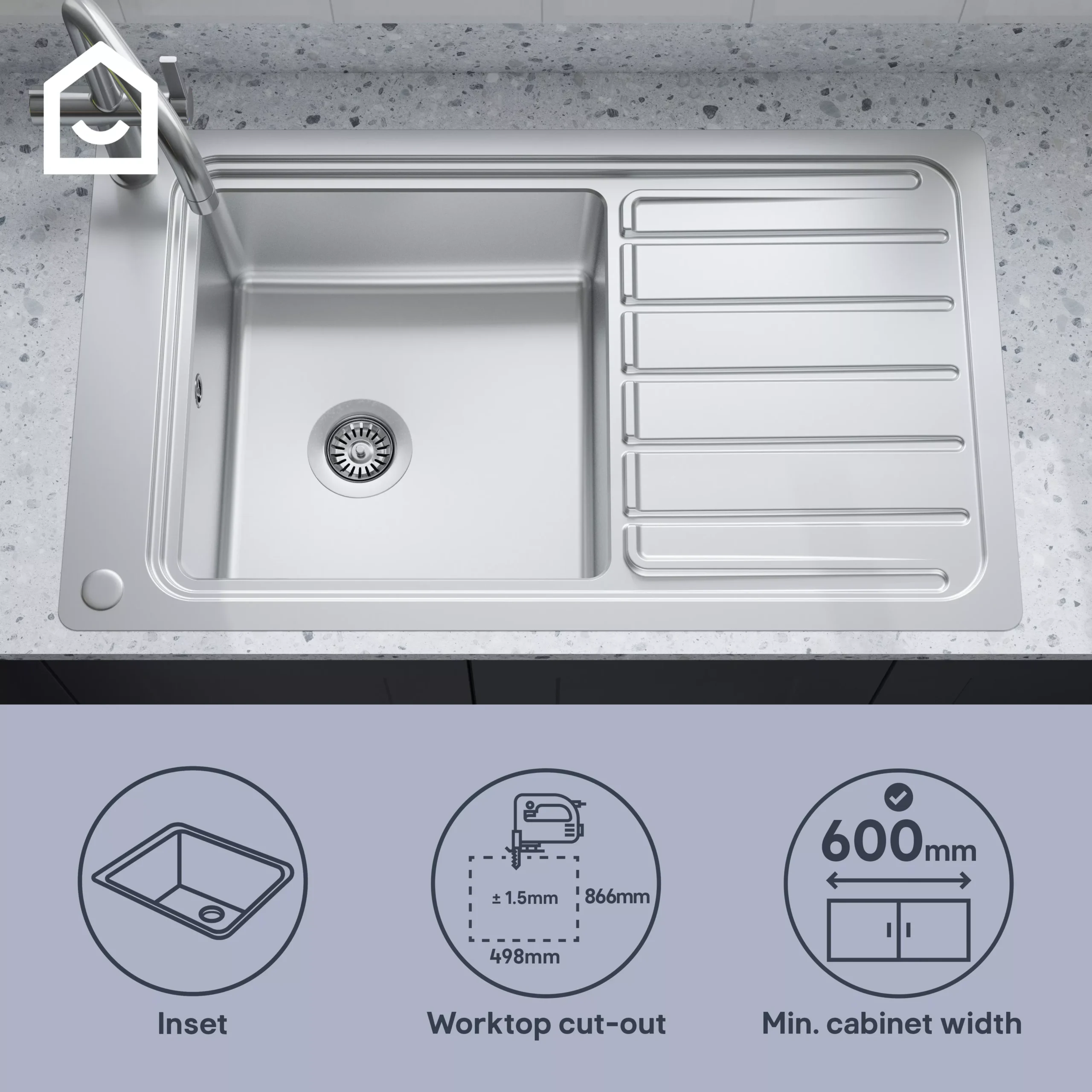 GoodHome Romesco Brushed Stainless Steel 1 Bowl Kitchen Sink With Full Drainer (W)510mm X (L)880mm - Image 14