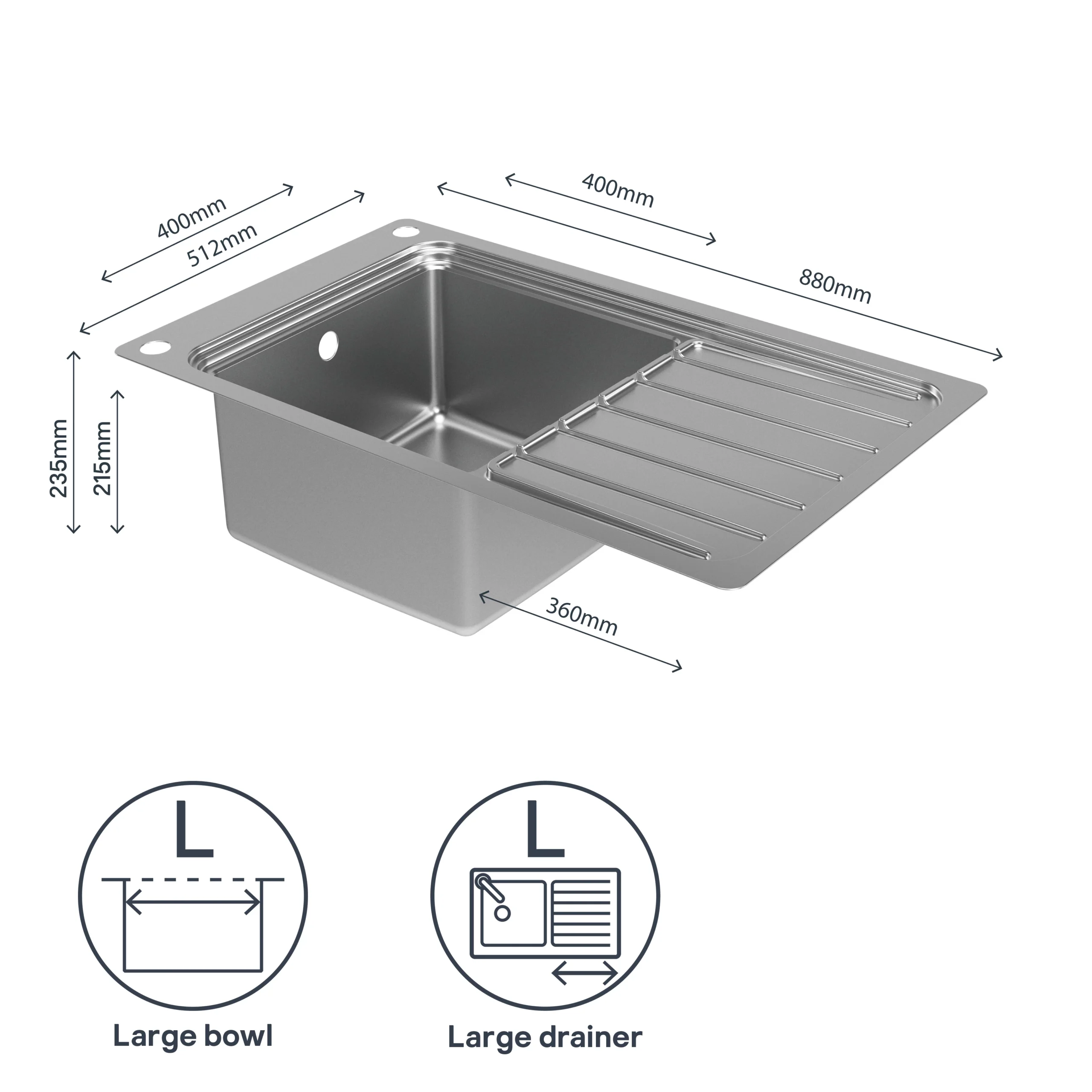 GoodHome Romesco Brushed Stainless Steel 1 Bowl Kitchen Sink With Full Drainer (W)510mm X (L)880mm - Image 10