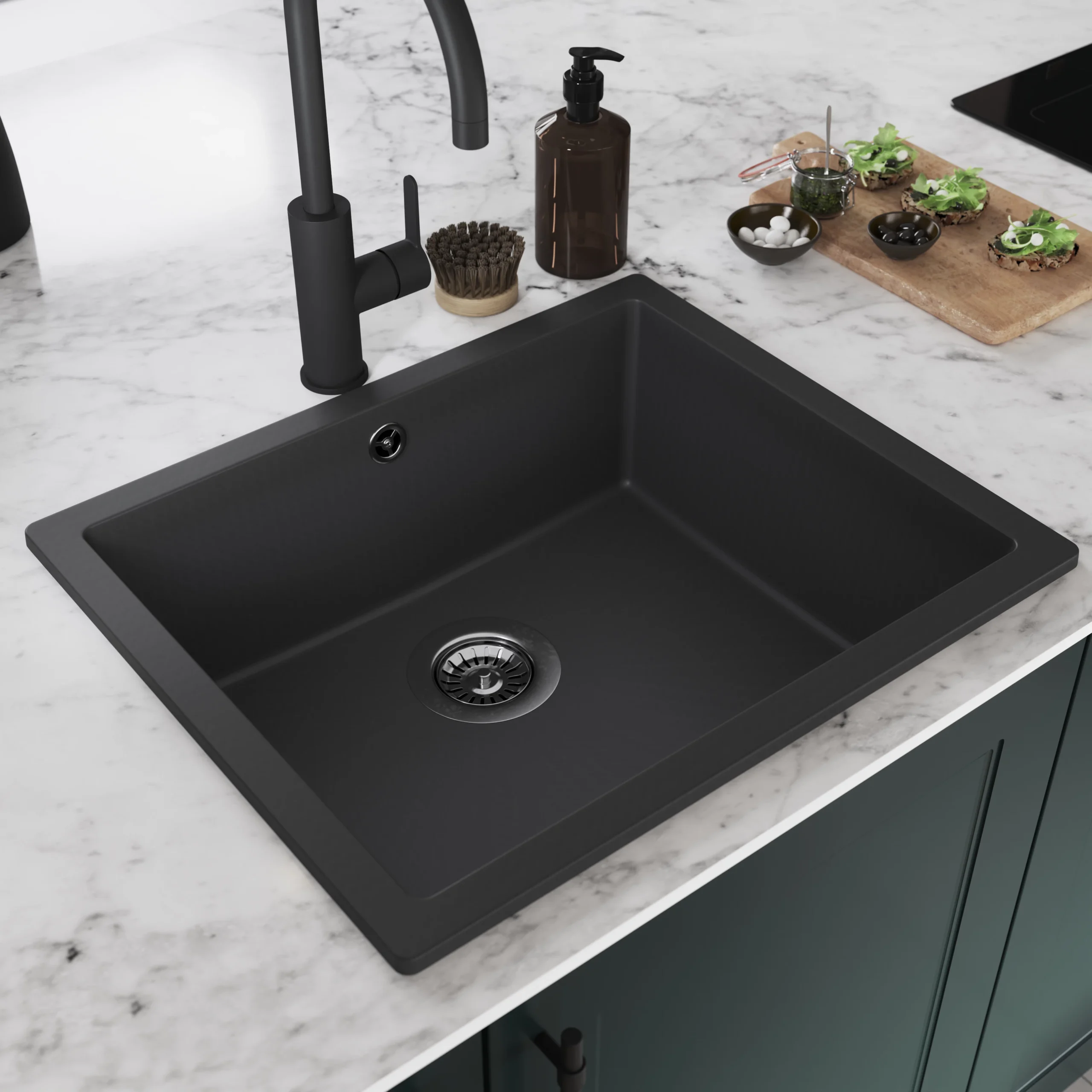 GoodHome Sorrel Black Composite Quartz 1 Bowl Kitchen Sink (W)550mm X (L)460mm - Image 3