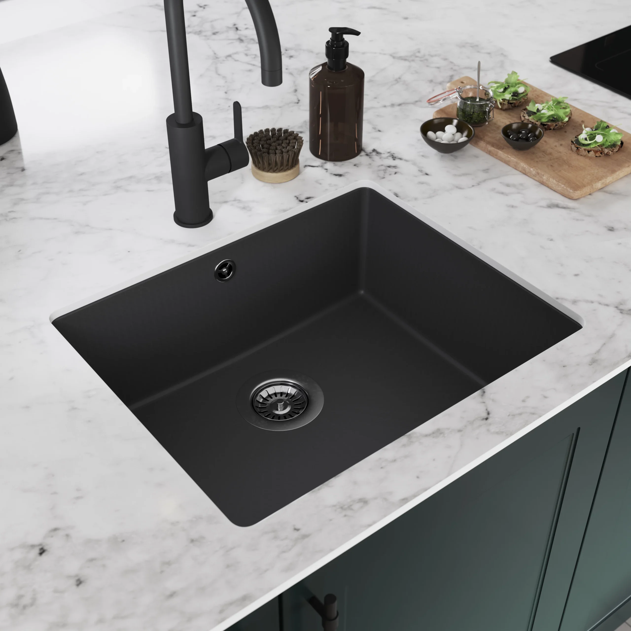 GoodHome Sorrel Black Composite Quartz 1 Bowl Kitchen Sink (W)550mm X (L)460mm - Image 4