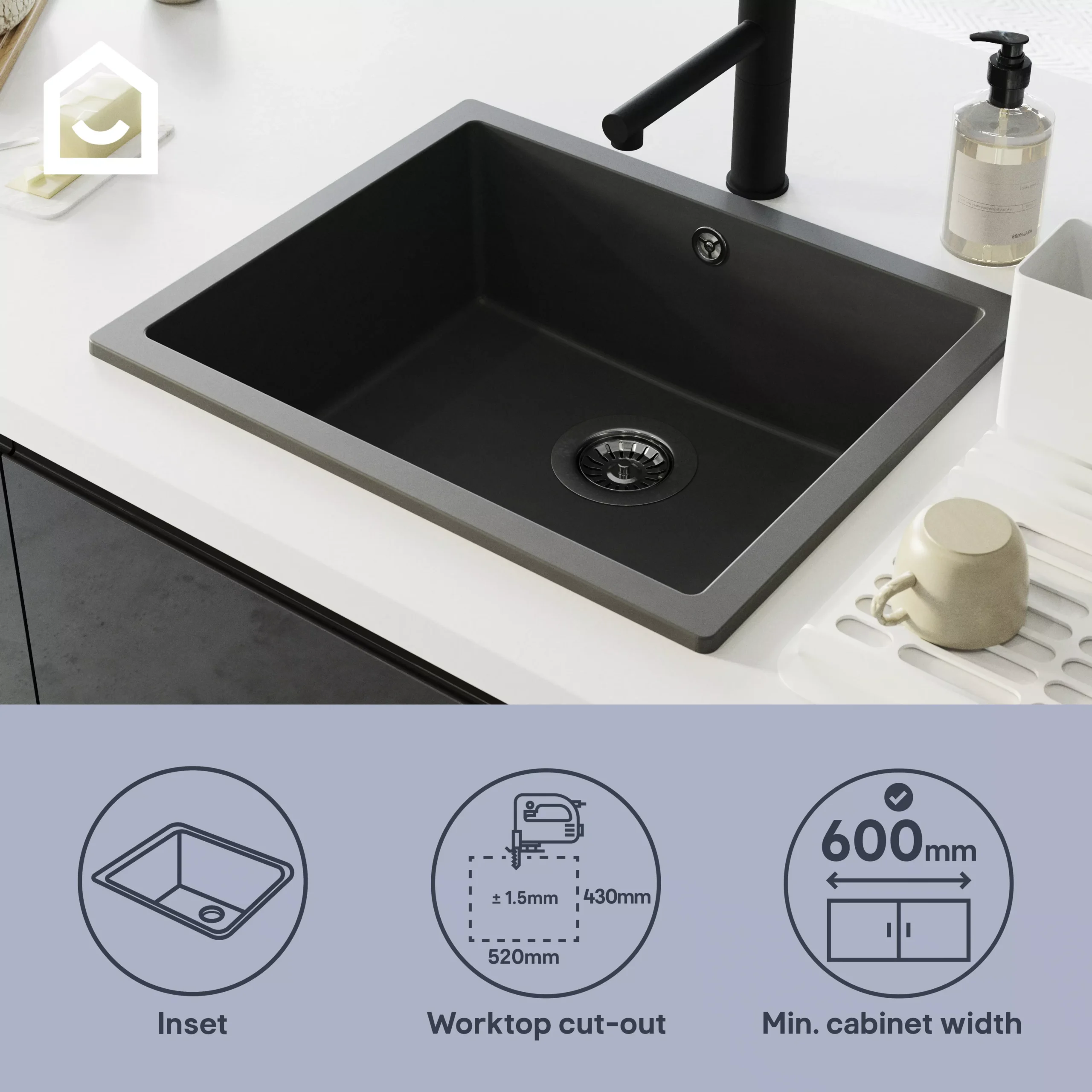 GoodHome Sorrel Black Composite Quartz 1 Bowl Kitchen Sink (W)550mm X (L)460mm - Image 11