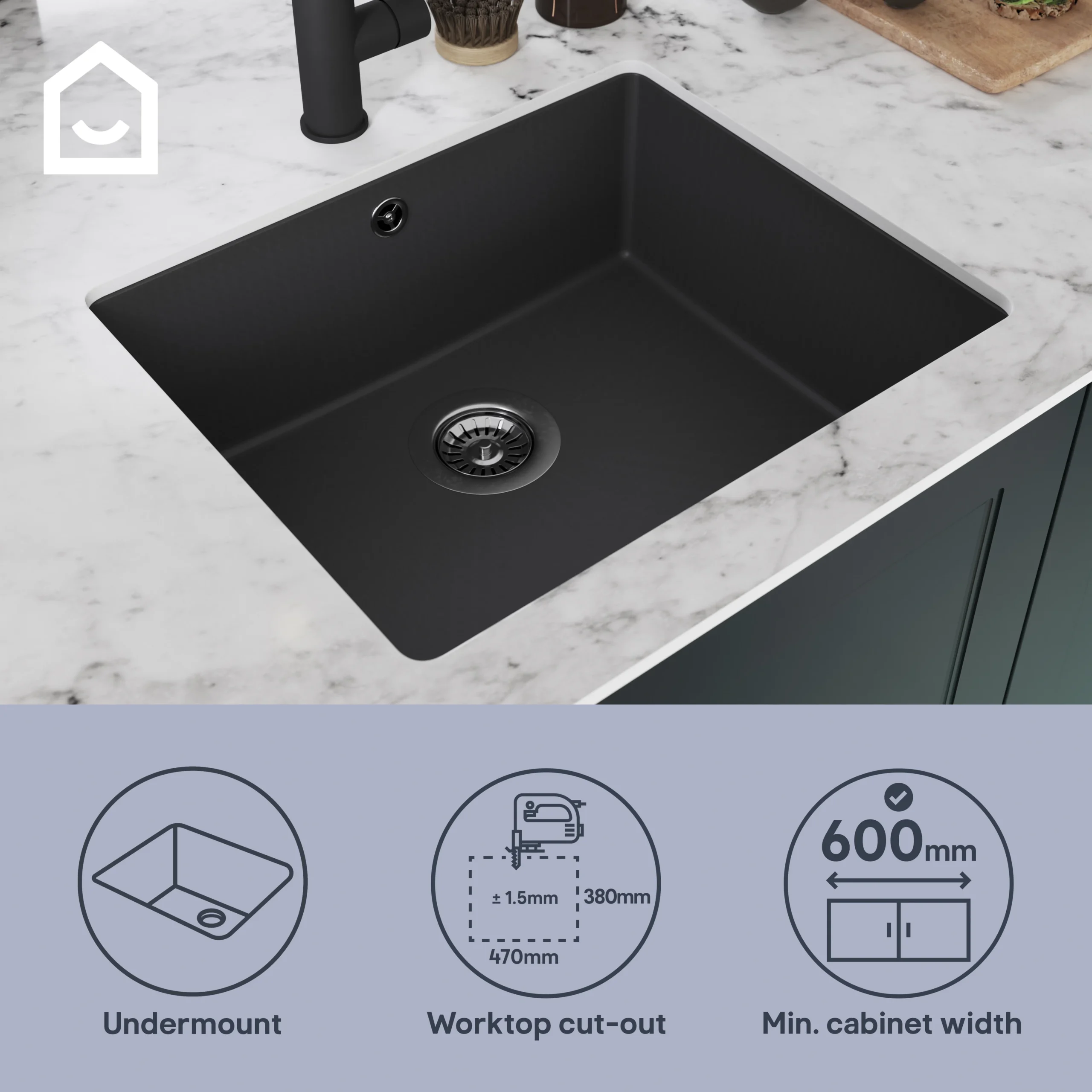 GoodHome Sorrel Black Composite Quartz 1 Bowl Kitchen Sink (W)550mm X (L)460mm - Image 12