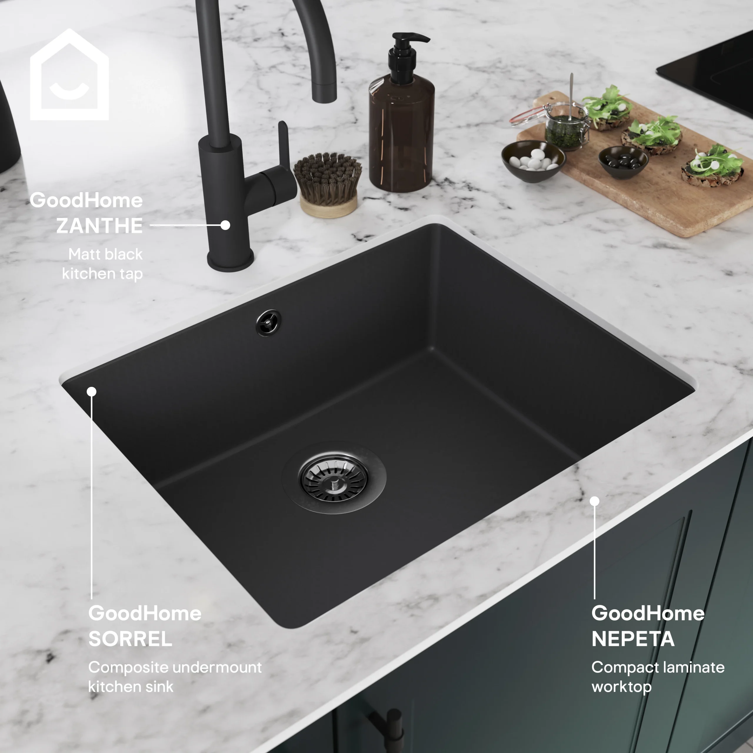GoodHome Sorrel Black Composite Quartz 1 Bowl Kitchen Sink (W)550mm X (L)460mm - Image 7