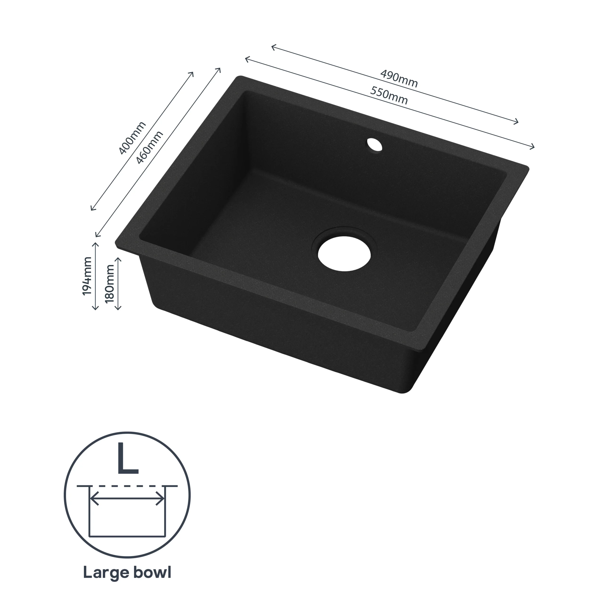 GoodHome Sorrel Black Composite Quartz 1 Bowl Kitchen Sink (W)550mm X (L)460mm - Image 6