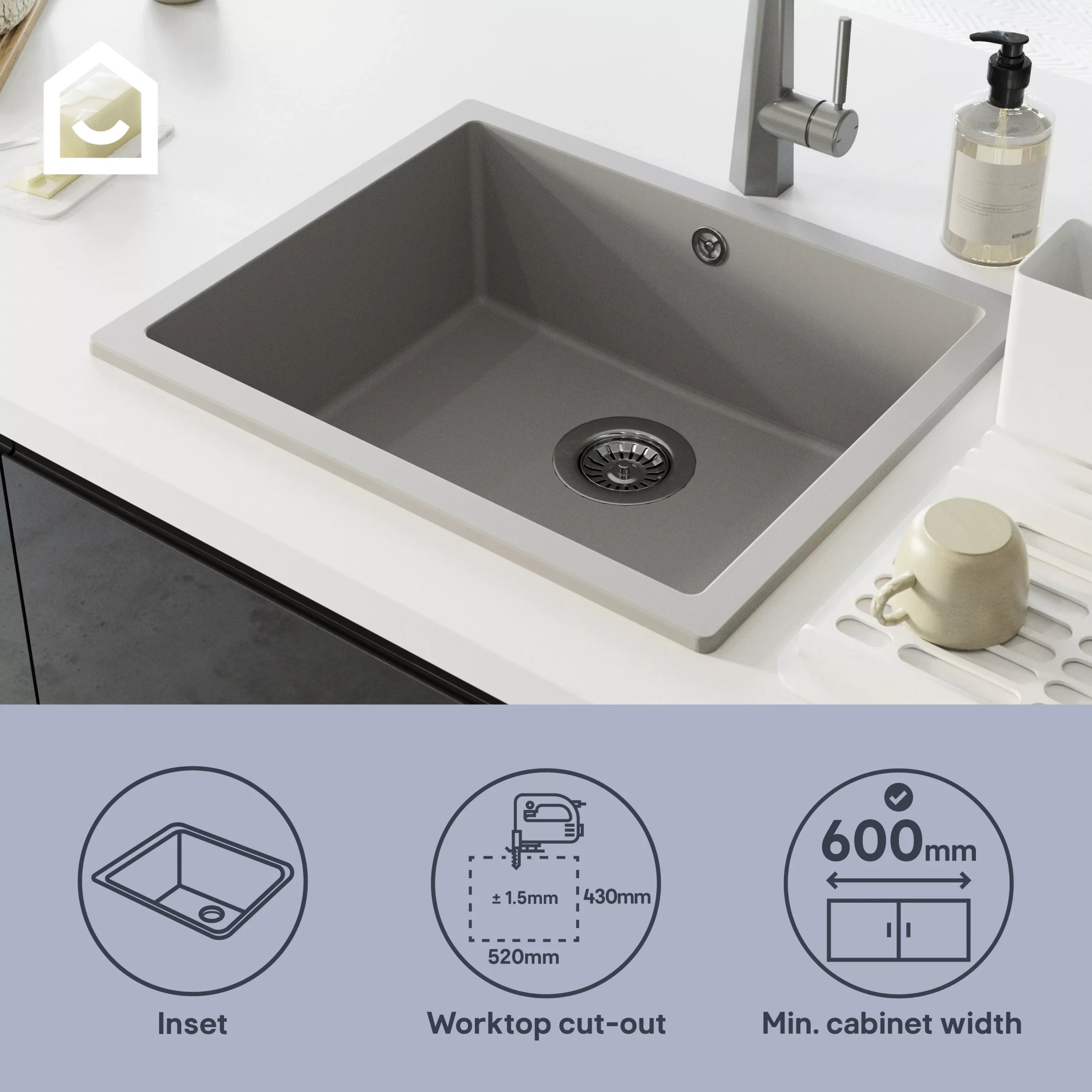 GoodHome Sorrel Grey Composite Quartz 1 Bowl Kitchen Sink (W)550mm X (L)460mm - Image 10
