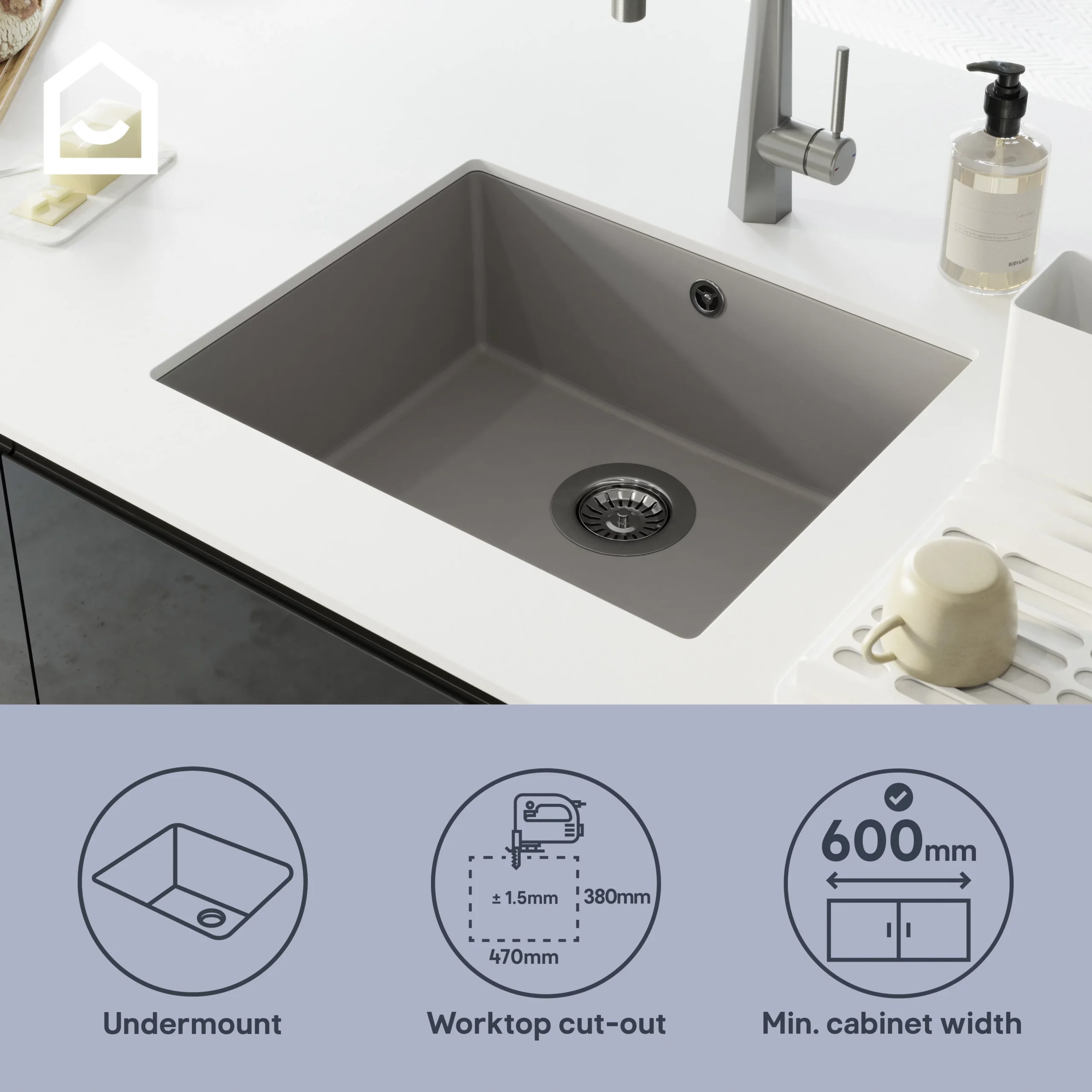 GoodHome Sorrel Grey Composite Quartz 1 Bowl Kitchen Sink (W)550mm X (L)460mm - Image 11