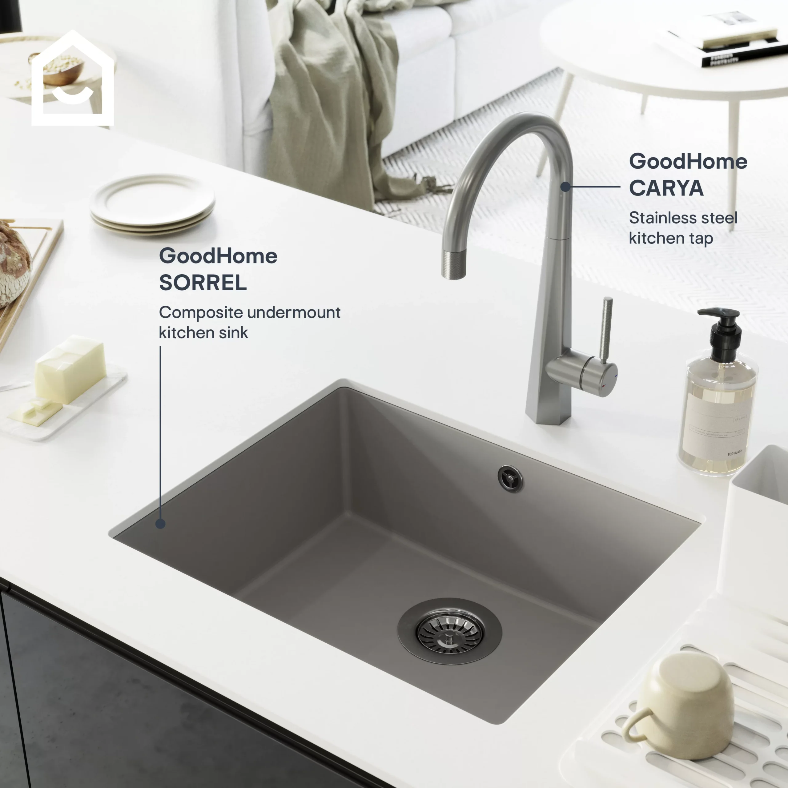 GoodHome Sorrel Grey Composite Quartz 1 Bowl Kitchen Sink (W)550mm X (L)460mm - Image 9