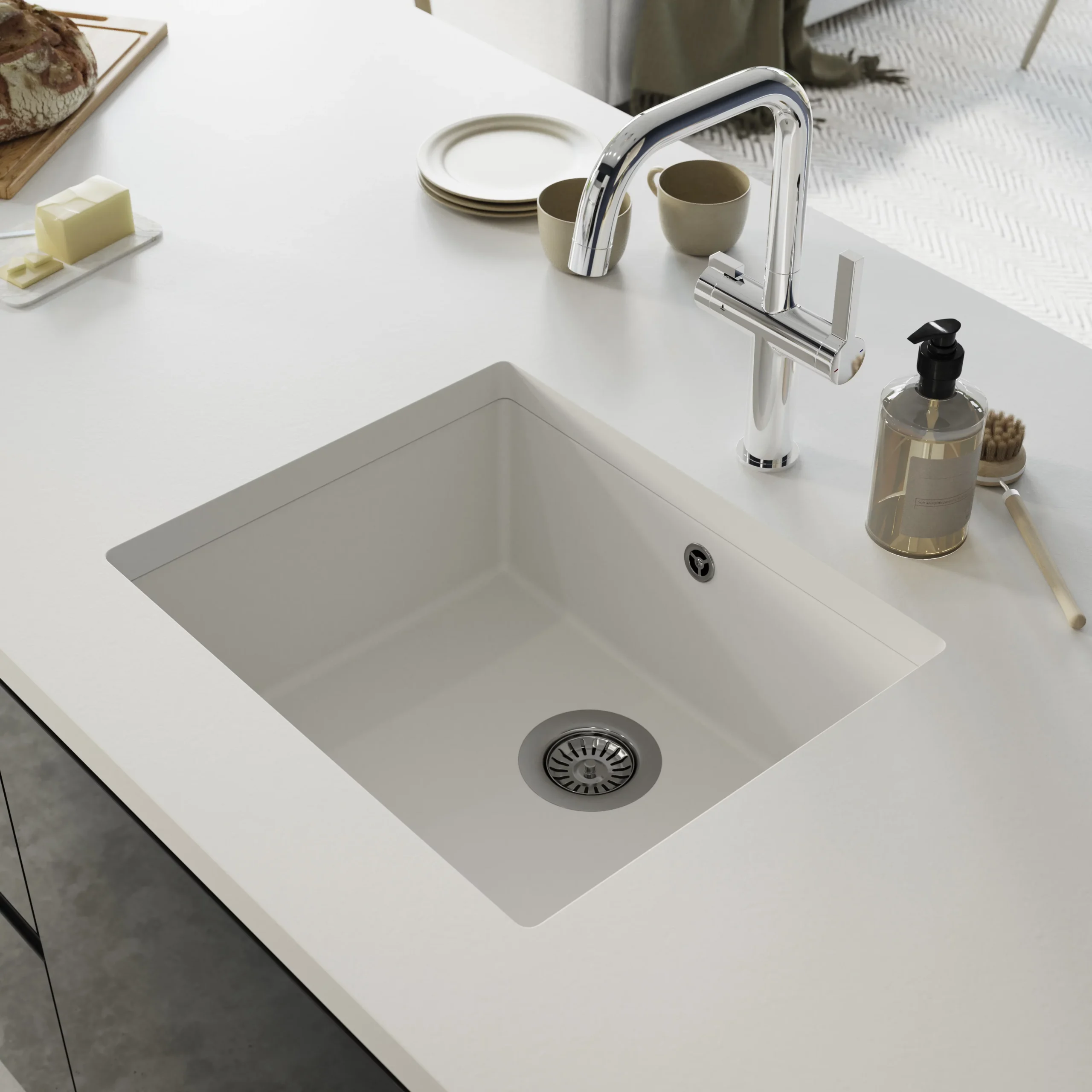 GoodHome Sorrel White Composite Quartz 1 Bowl Kitchen Sink (W)550mm X (L)460mm - Image 3