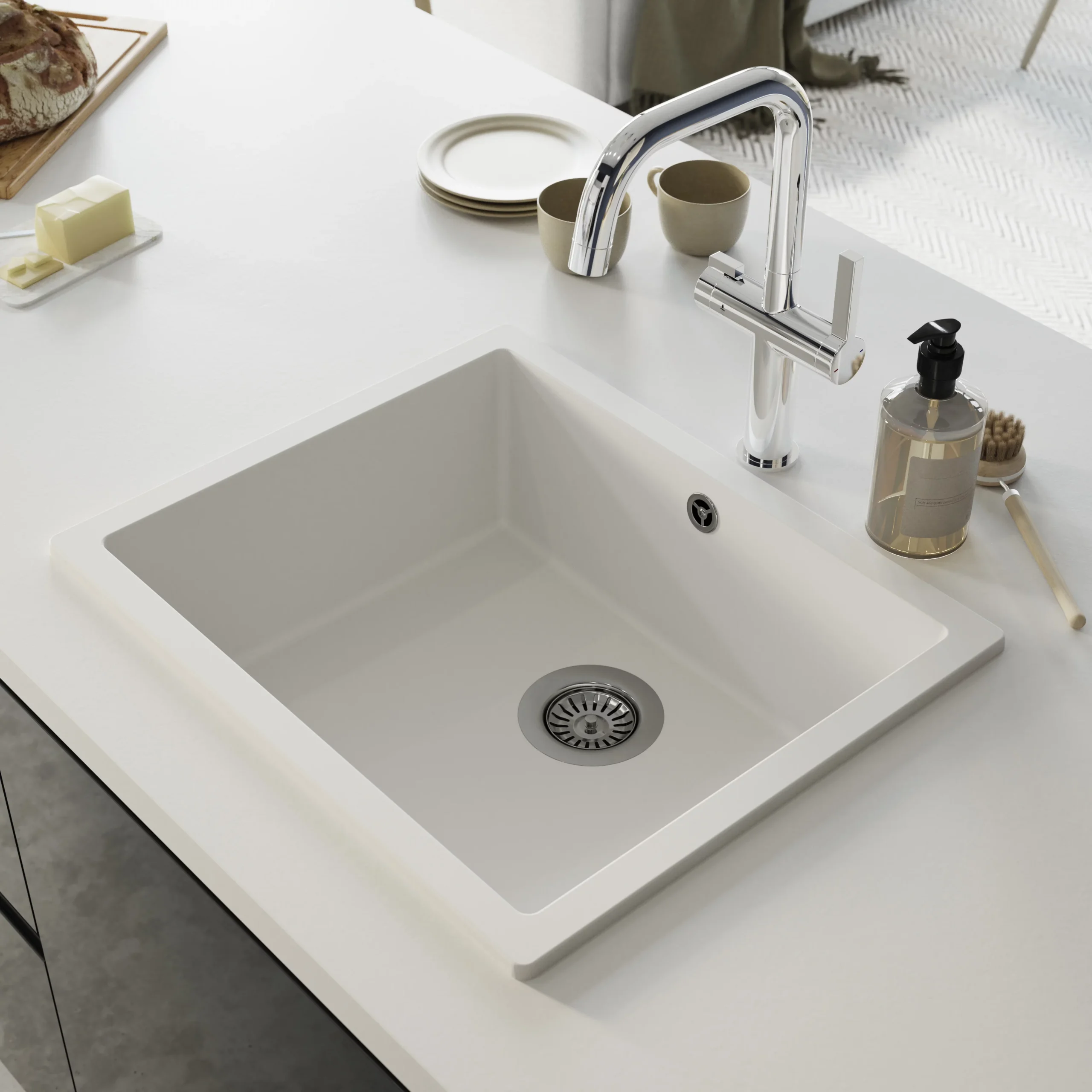 GoodHome Sorrel White Composite Quartz 1 Bowl Kitchen Sink (W)550mm X (L)460mm - Image 4
