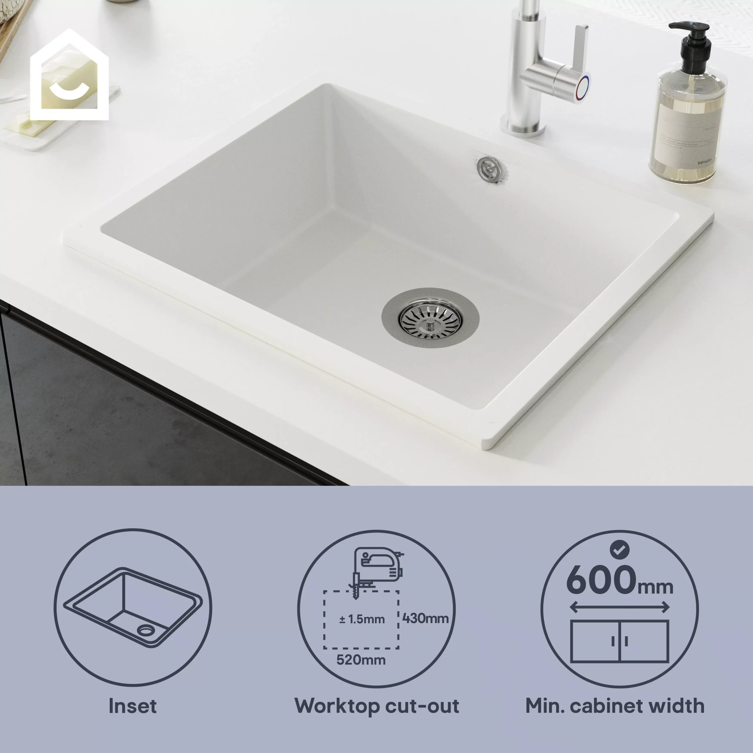 GoodHome Sorrel White Composite Quartz 1 Bowl Kitchen Sink (W)550mm X (L)460mm - Image 11