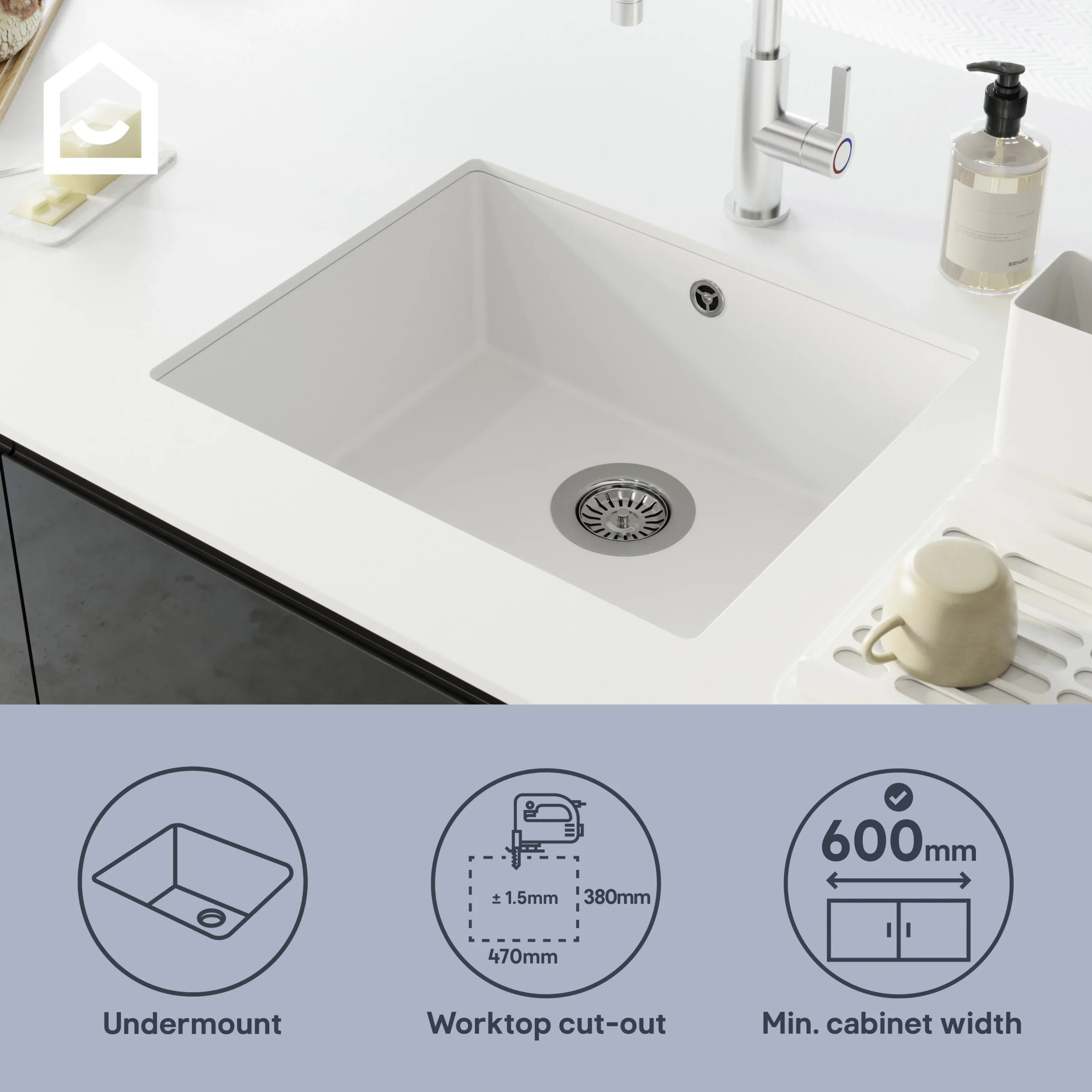 GoodHome Sorrel White Composite Quartz 1 Bowl Kitchen Sink (W)550mm X (L)460mm - Image 12