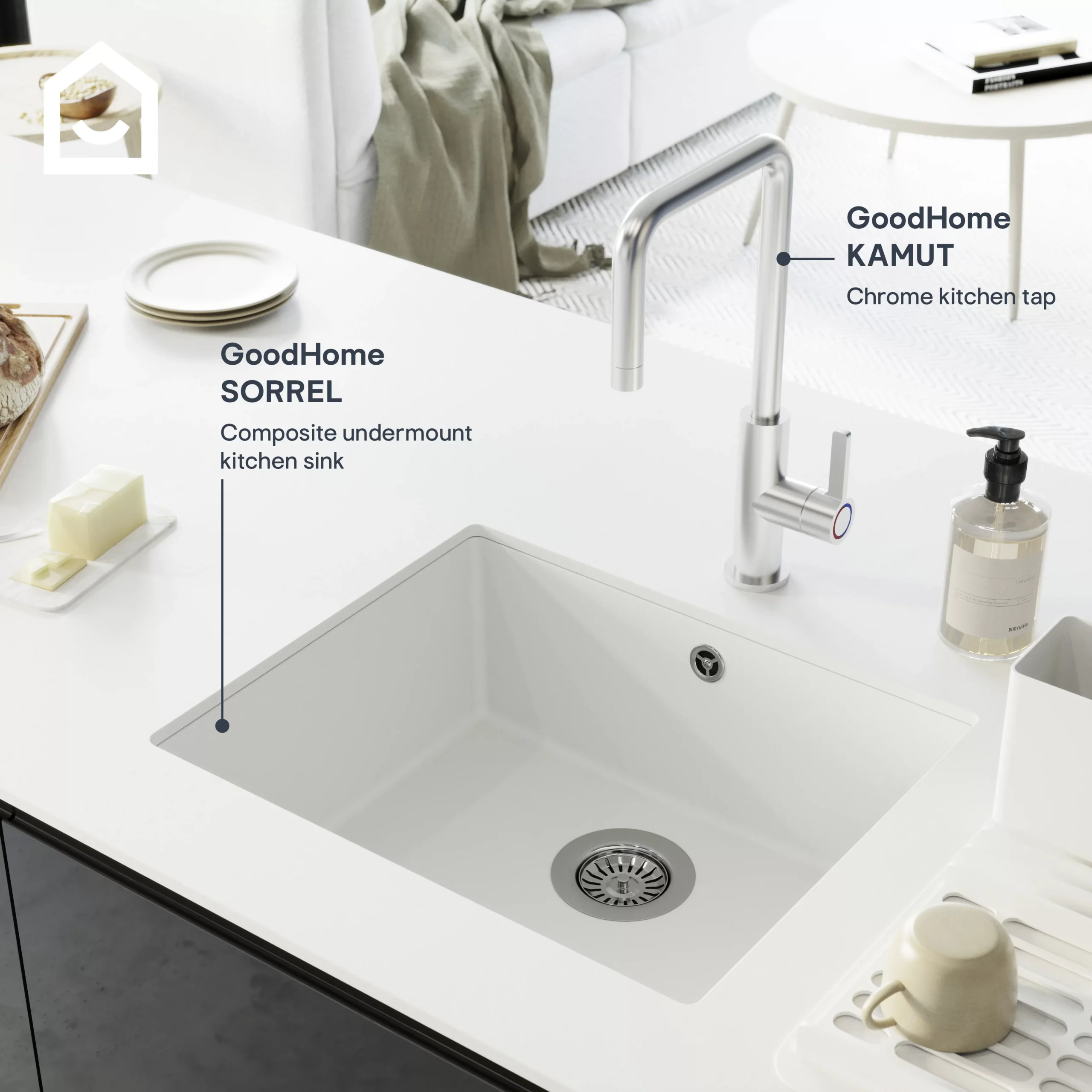 GoodHome Sorrel White Composite Quartz 1 Bowl Kitchen Sink (W)550mm X (L)460mm - Image 10