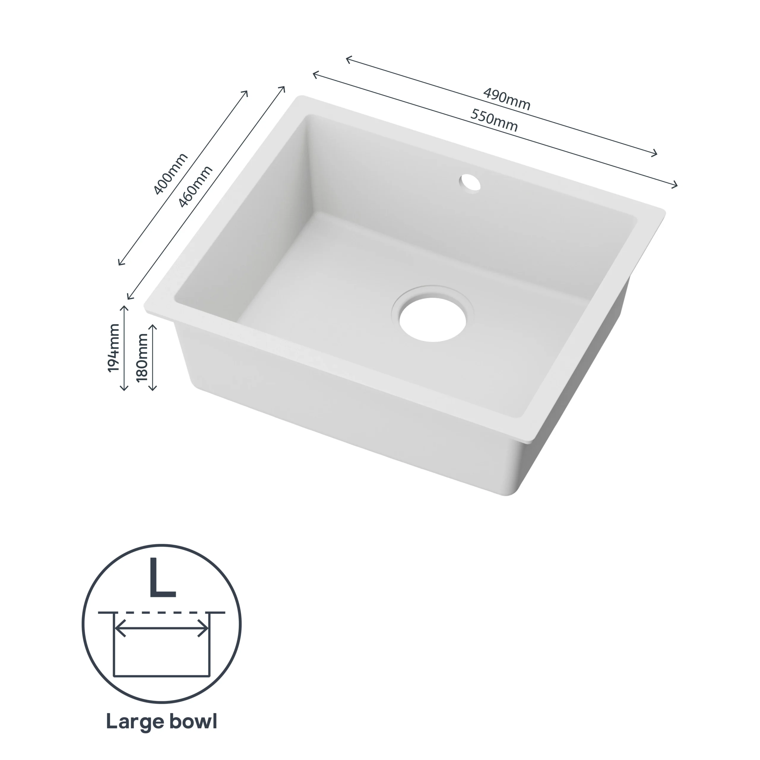 GoodHome Sorrel White Composite Quartz 1 Bowl Kitchen Sink (W)550mm X (L)460mm - Image 6