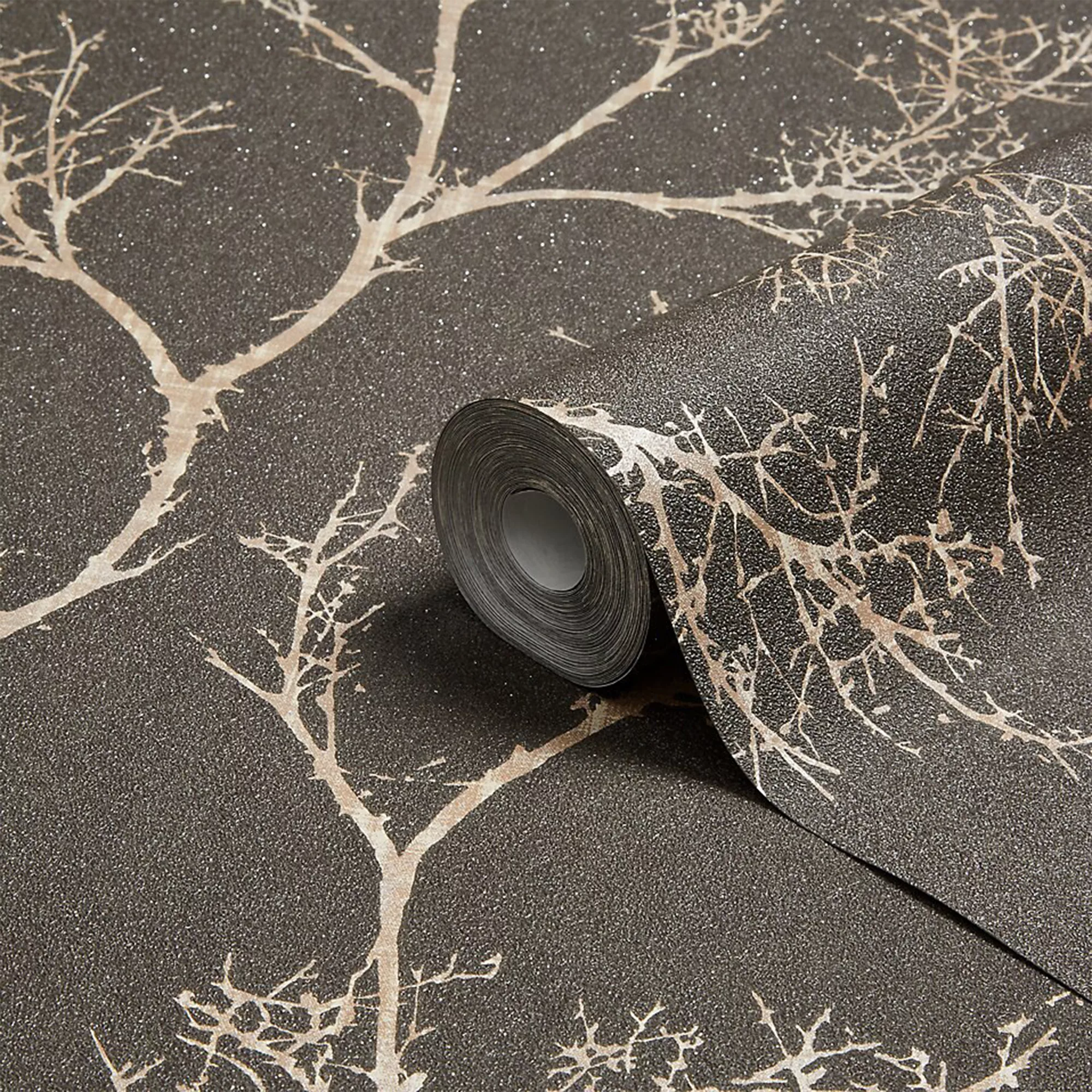 GoodHome Sudeley Brown Icy Tree Metallic Effect Textured Wallpaper