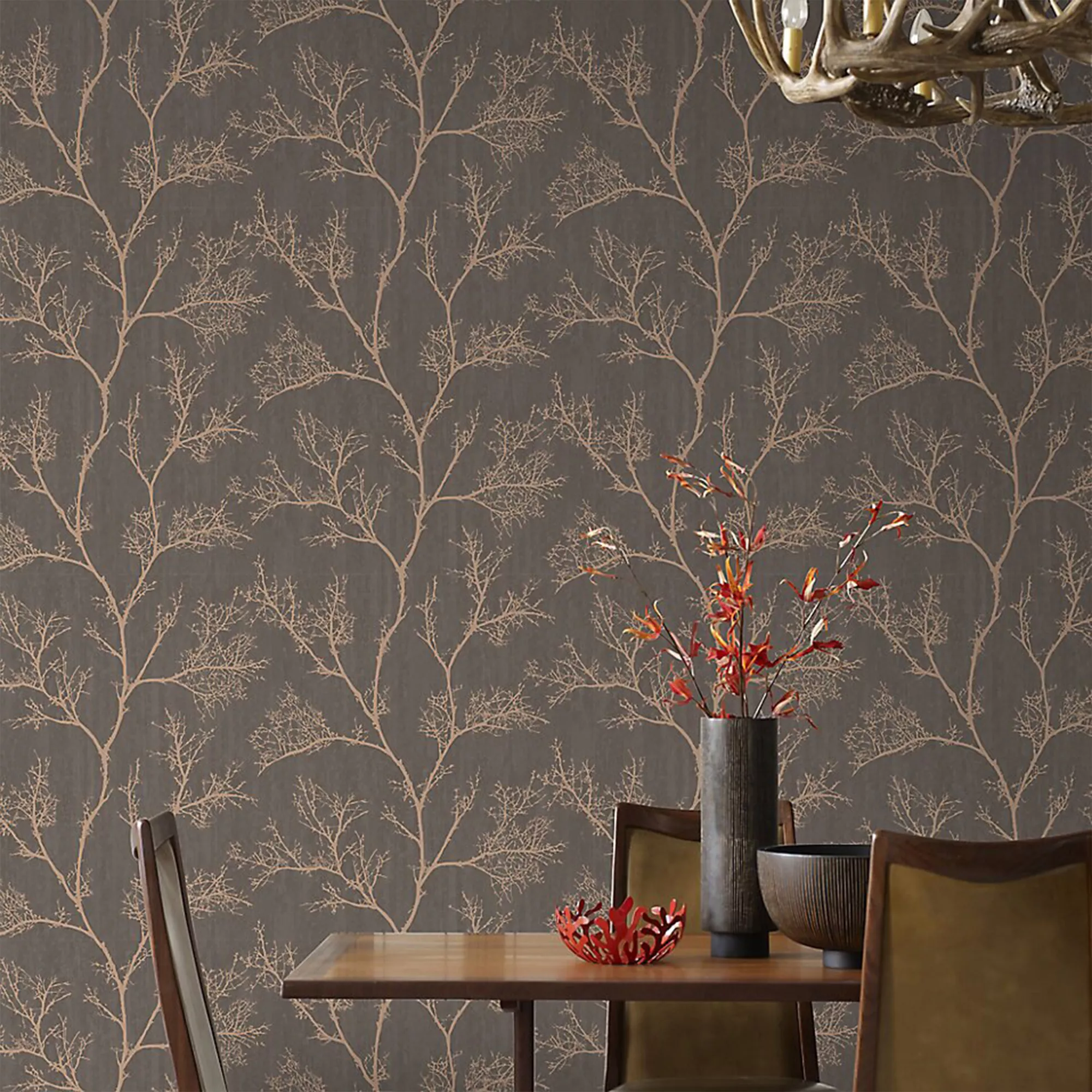 GoodHome Sudeley Brown Icy Tree Metallic Effect Textured Wallpaper - Image 4
